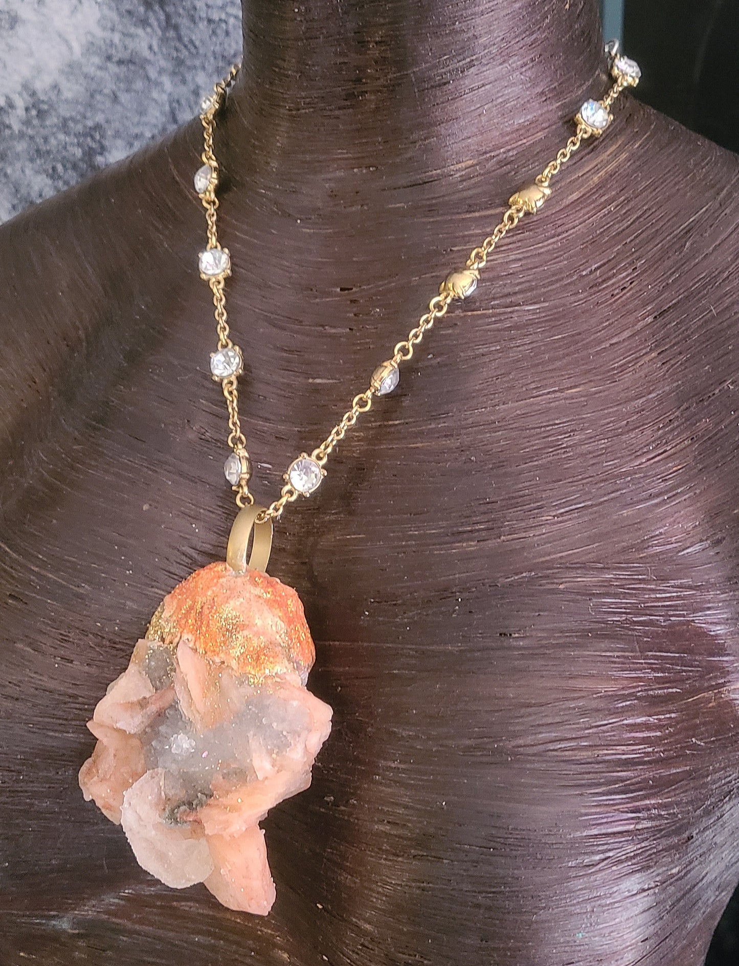 Apophyllite & Stilbite Sculpted Pendant with Fancy Chain - Orange and Green Crystal Talisman - Autumn Amulet - Kat Kouture Jewelry