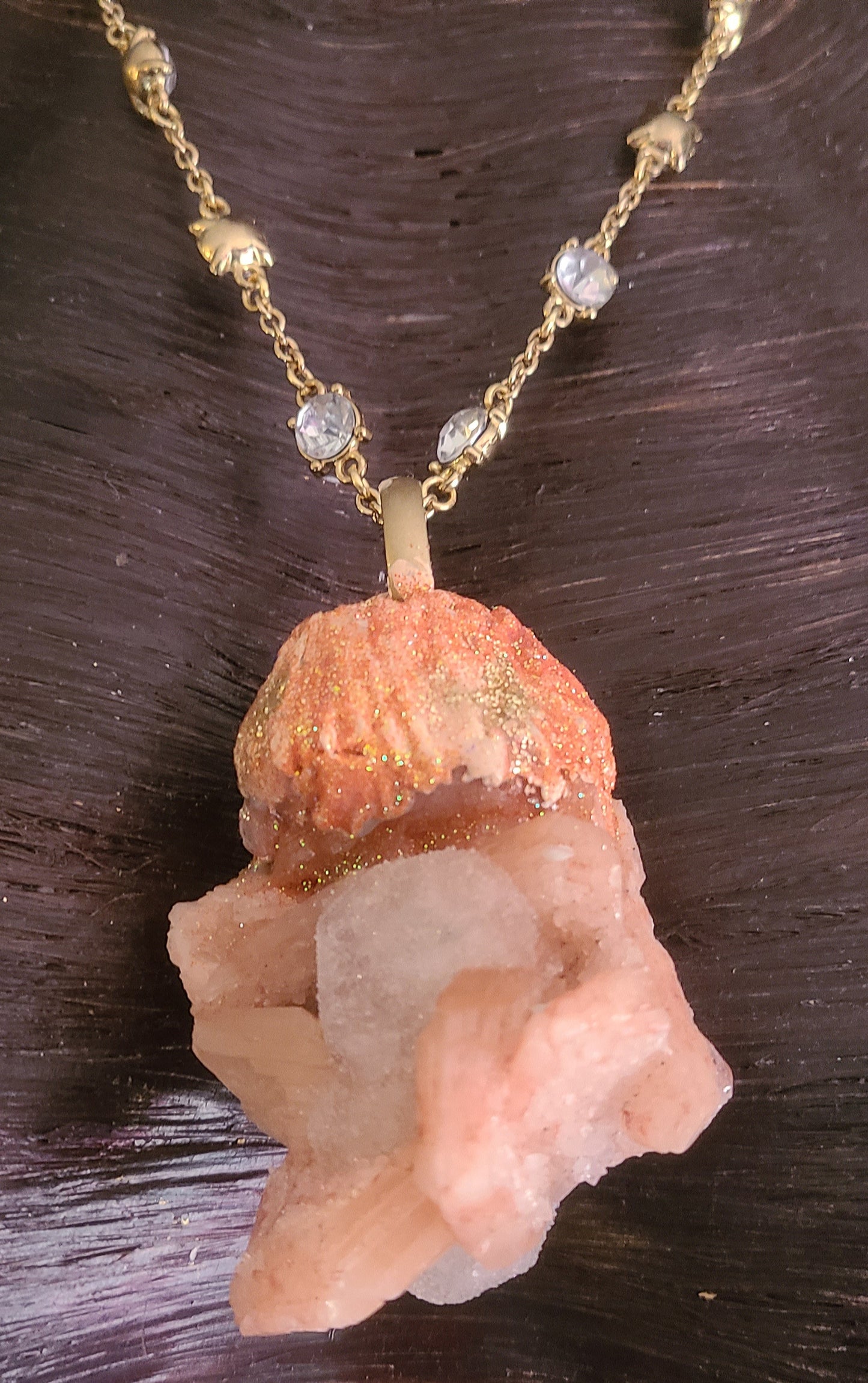 Apophyllite & Stilbite Sculpted Pendant with Fancy Chain - Orange and Green Crystal Talisman - Autumn Amulet - Kat Kouture Jewelry