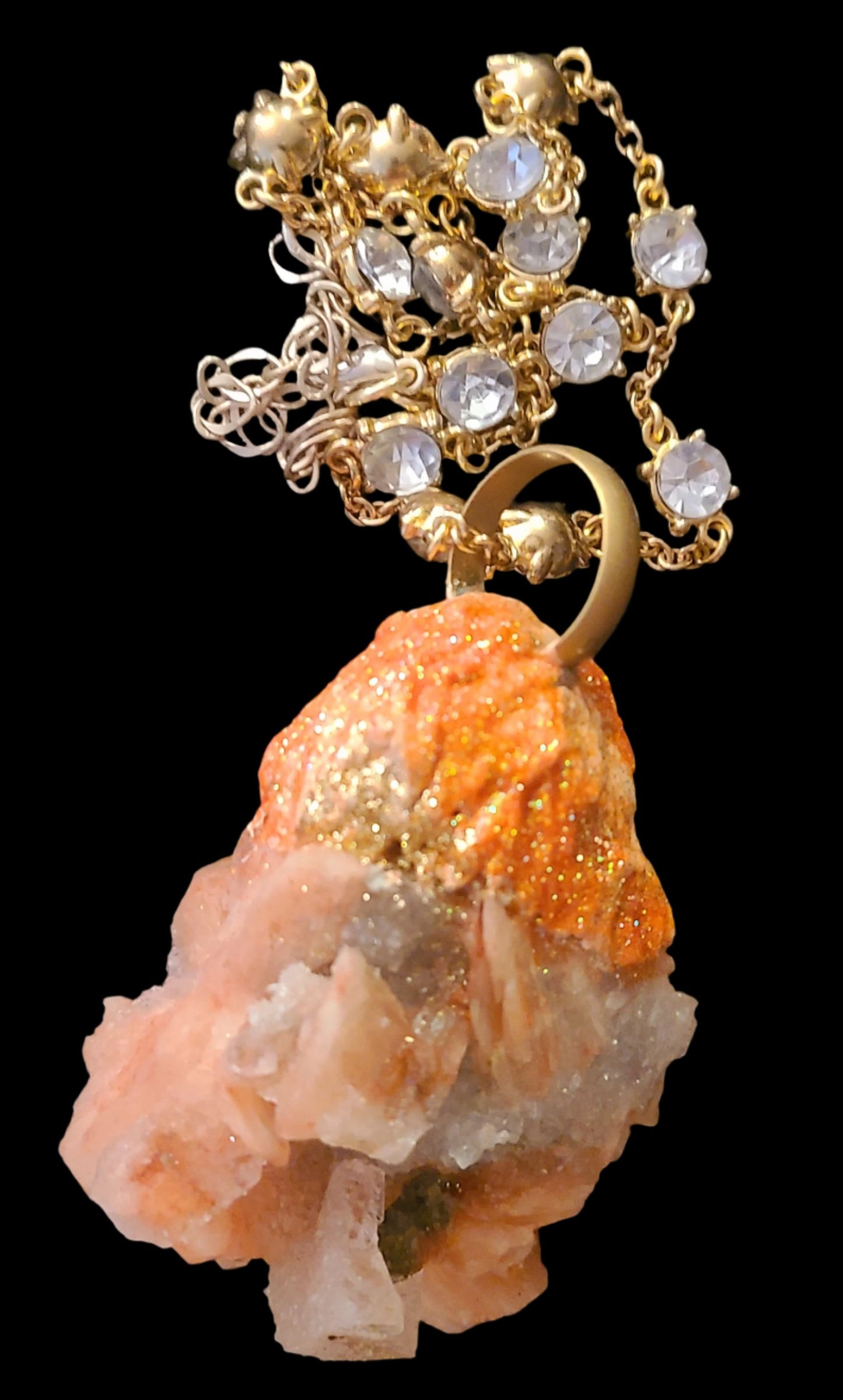 Apophyllite & Stilbite Sculpted Pendant with Fancy Chain - Orange and Green Crystal Talisman - Autumn Amulet - Kat Kouture Jewelry