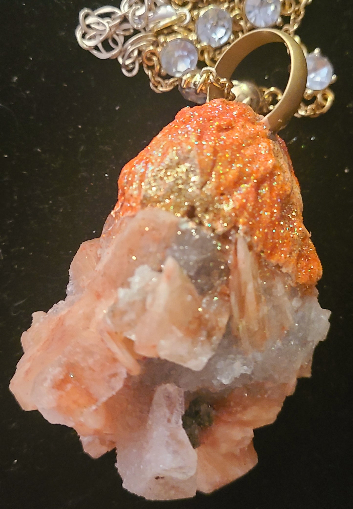 Apophyllite & Stilbite Sculpted Pendant with Fancy Chain - Orange and Green Crystal Talisman - Autumn Amulet - Kat Kouture Jewelry