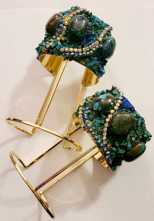 Pair of Avant Garde Turquoise Statement Cuffs - OOAK Haute Couture Gemstone & Crystal Wrist Candy - Kat Kouture Jewelry