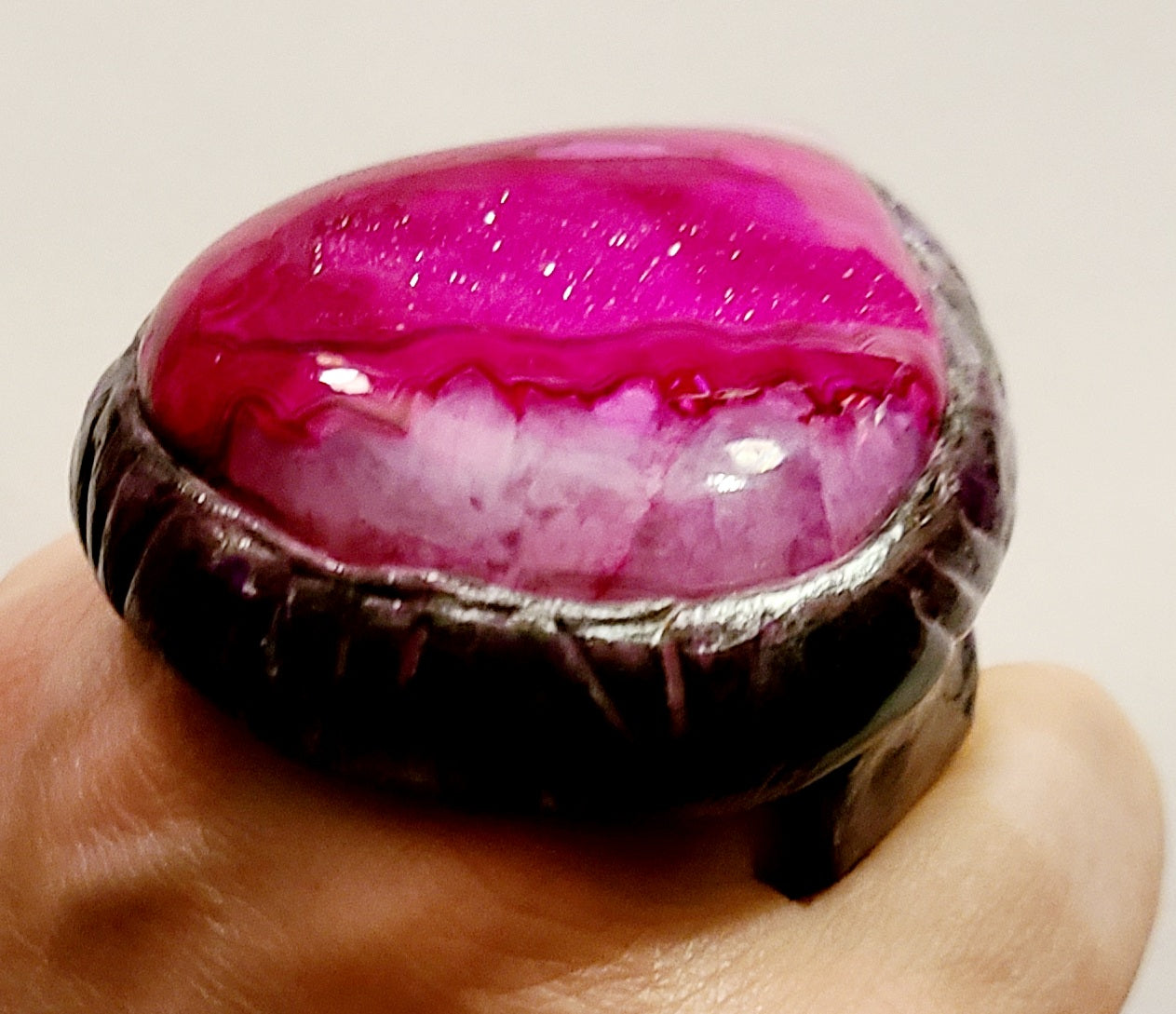 Hot Pink Druzy Agate Two Finger Sculpted Statement Ring, Museum Quality Gemstone Finger Candy Women, Fuschia Fucshia Bauble