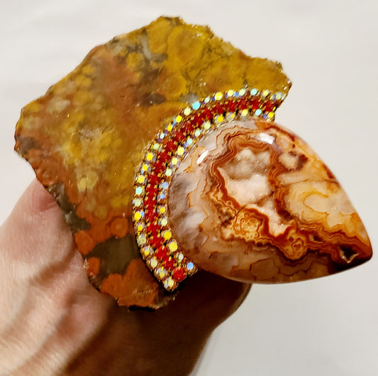 Druzy Agate and Morgan Poppy Jasper Slab Adjustable Unisex Hand Ring, Rustic Autumn Finger Candy, Redhead Jewelry Dramatic