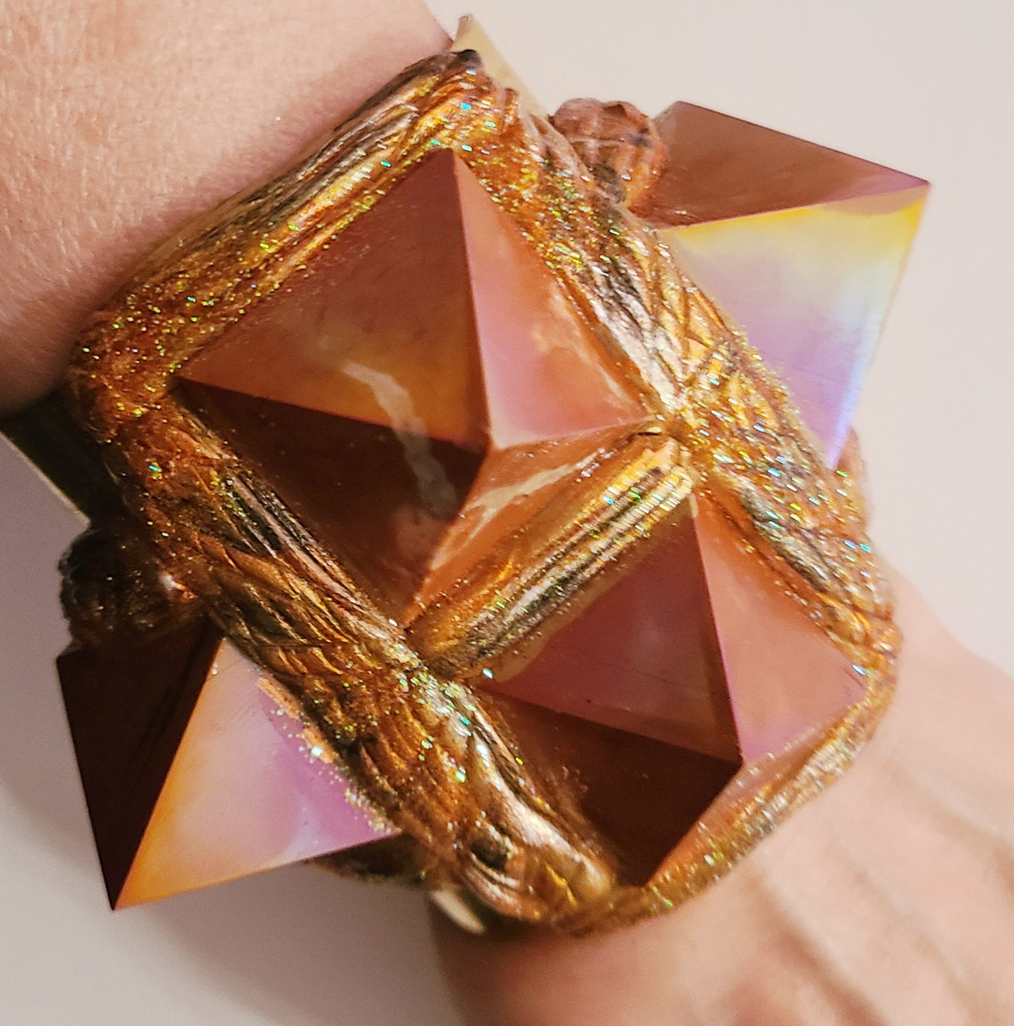Cuff Statement Sculpted Red Jasper Pyramids, Bangle Fantasy Egyptian Revival Oversized, Wrist Candy Gold & Copper