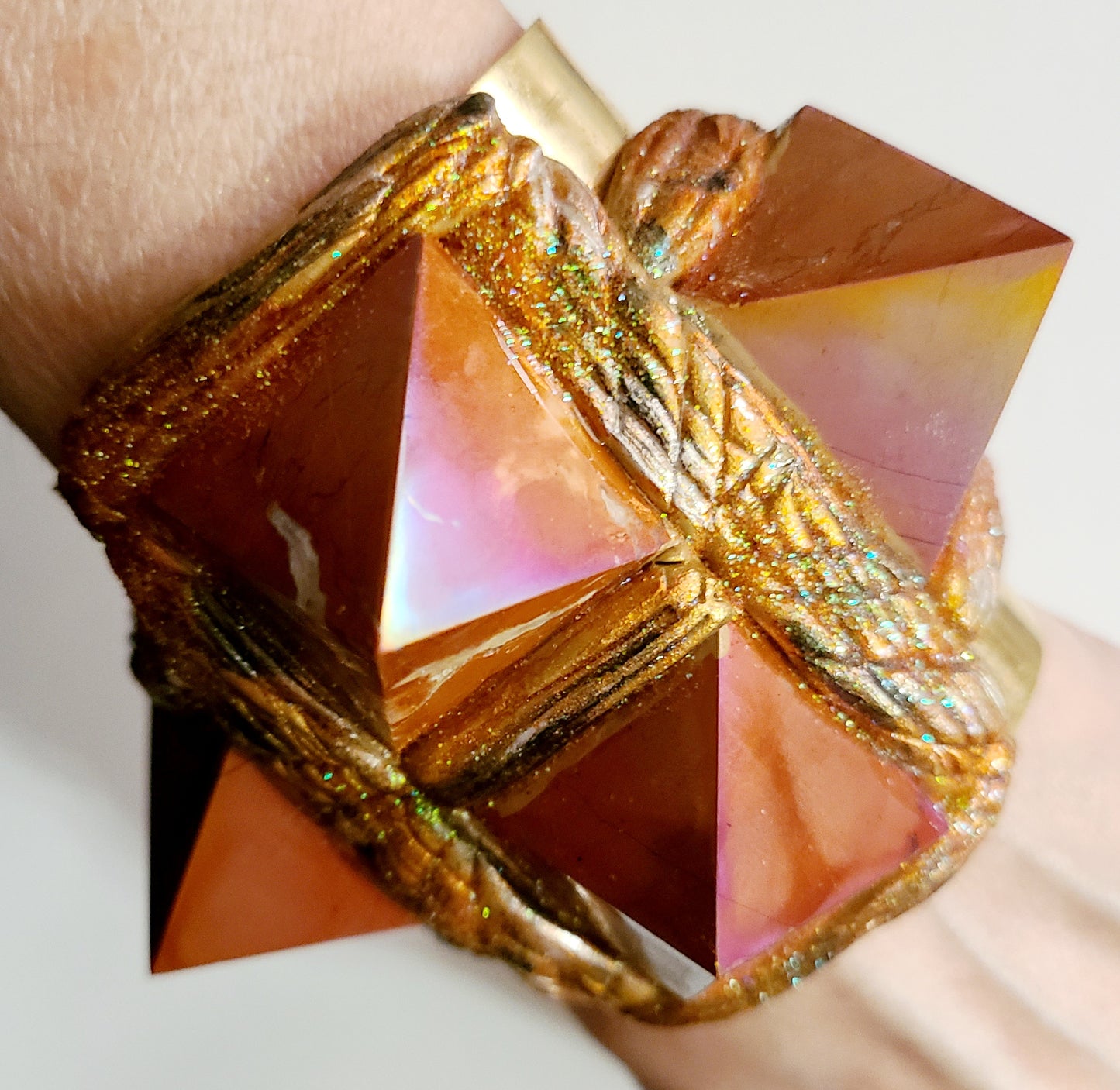 Cuff Statement Sculpted Red Jasper Pyramids, Bangle Fantasy Egyptian Revival Oversized, Wrist Candy Gold & Copper