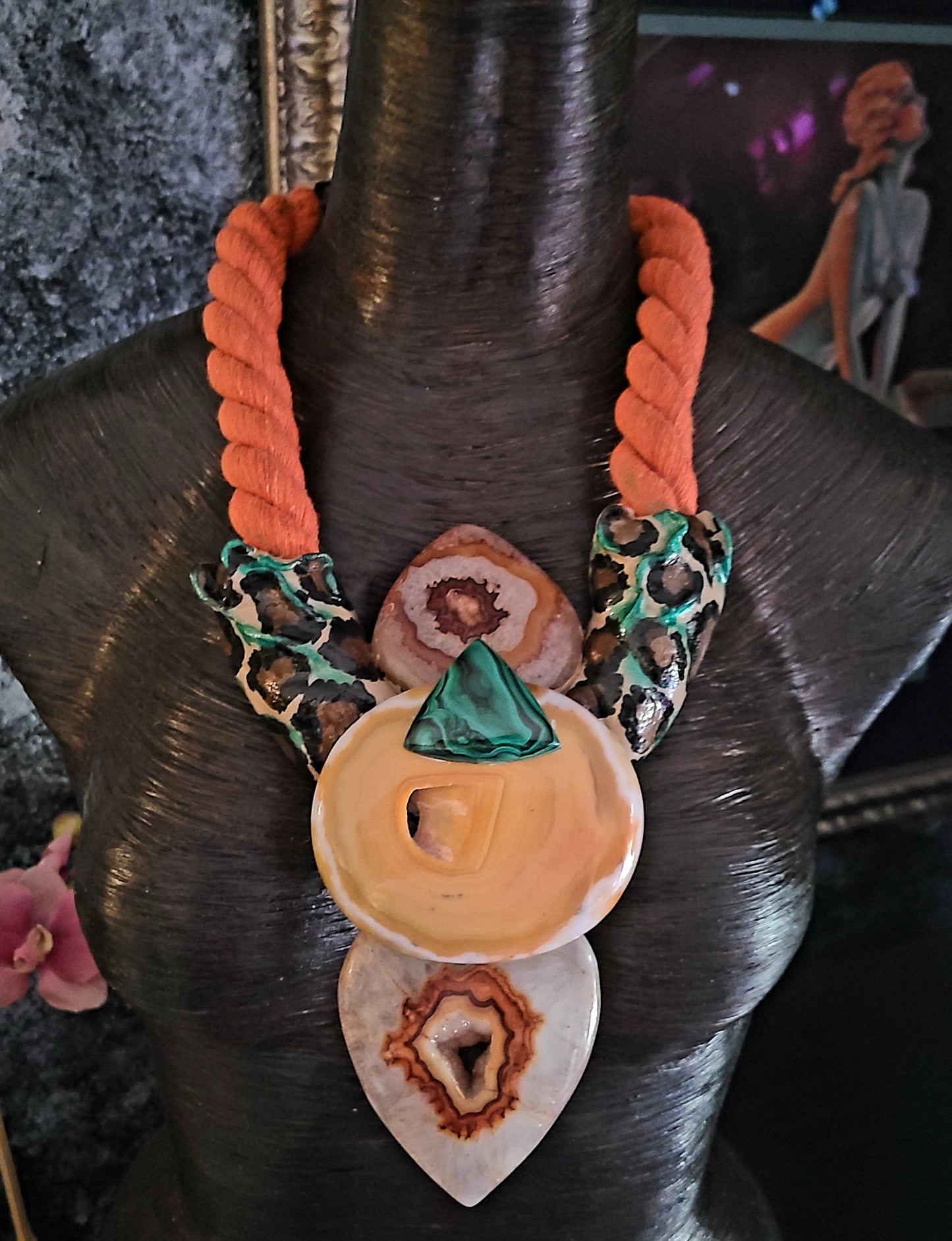 Exotic Sculpted Leopard Jungle Agate Totem On Thick Orange Rope, OOAK Autumn Wardrobe Wearable Art, Casual Attire Gemstone Statement Pendant