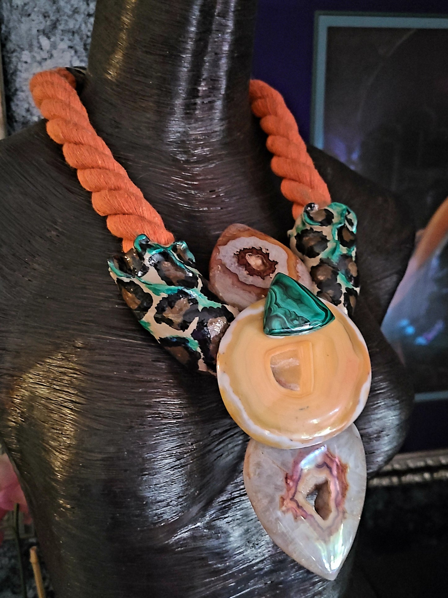 Exotic Sculpted Leopard Jungle Agate Totem On Thick Orange Rope, OOAK Autumn Wardrobe Wearable Art, Casual Attire Gemstone Statement Pendant