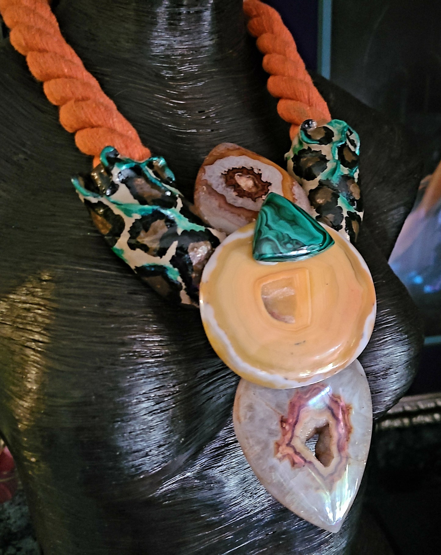 Exotic Sculpted Leopard Jungle Agate Totem On Thick Orange Rope, OOAK Autumn Wardrobe Wearable Art, Casual Attire Gemstone Statement Pendant