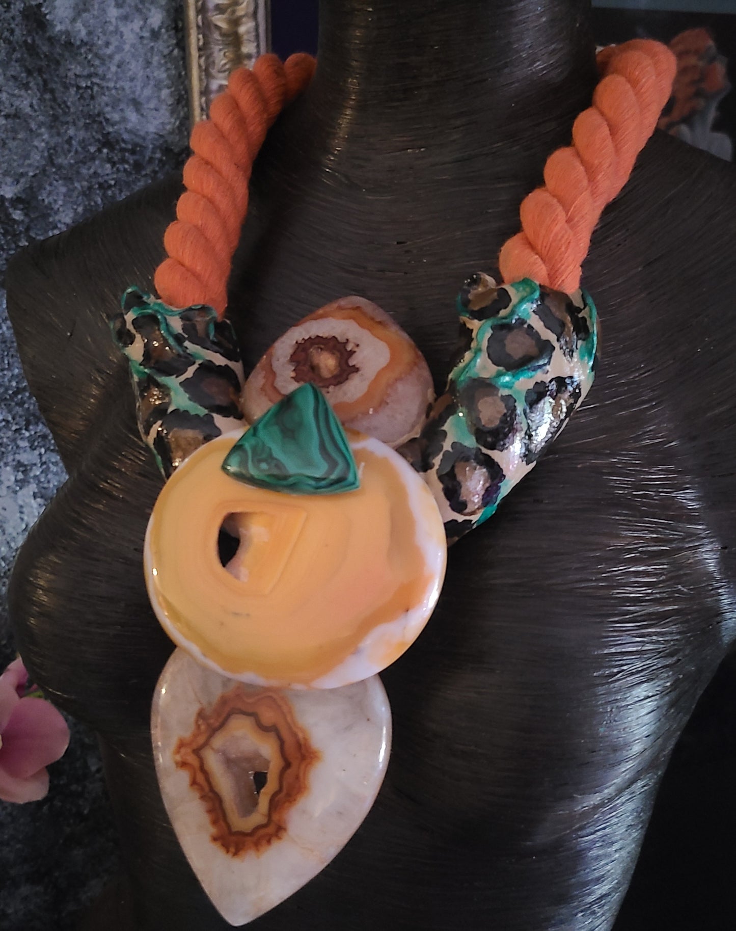 Exotic Sculpted Leopard Jungle Agate Totem On Thick Orange Rope, OOAK Autumn Wardrobe Wearable Art, Casual Attire Gemstone Statement Pendant