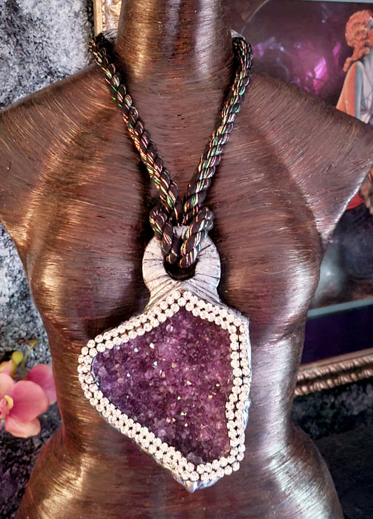 Purple Crystal Geode Rope Pendant, Sculpted Gemstone & Rhinestone Chest Piece, Lavender Silver Neck Candy Unisex