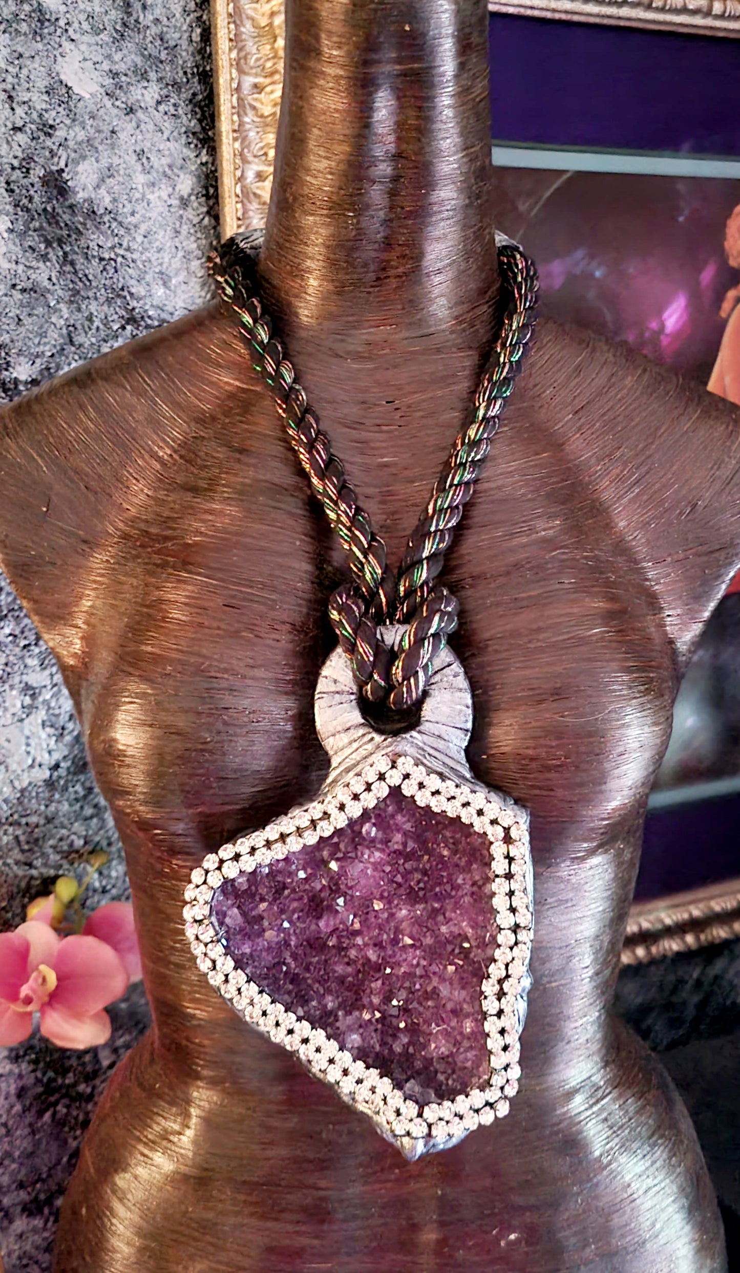 Purple Crystal Geode Rope Pendant, Sculpted Gemstone & Rhinestone Chest Piece, Lavender Silver Neck Candy Unisex