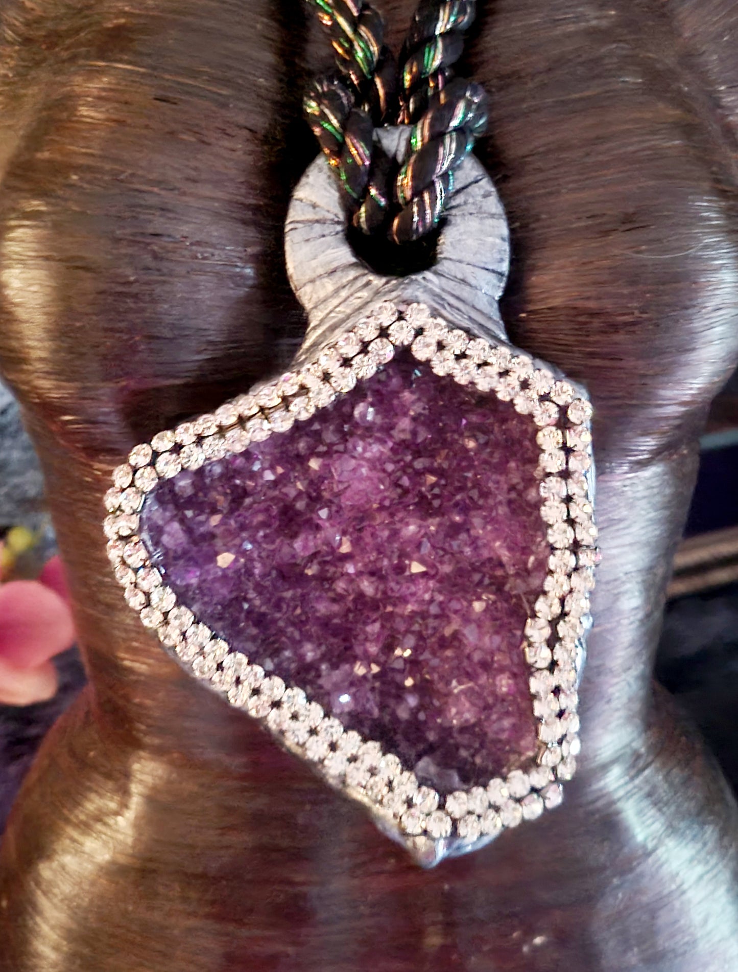 Purple Crystal Geode Rope Pendant, Sculpted Gemstone & Rhinestone Chest Piece, Lavender Silver Neck Candy Unisex