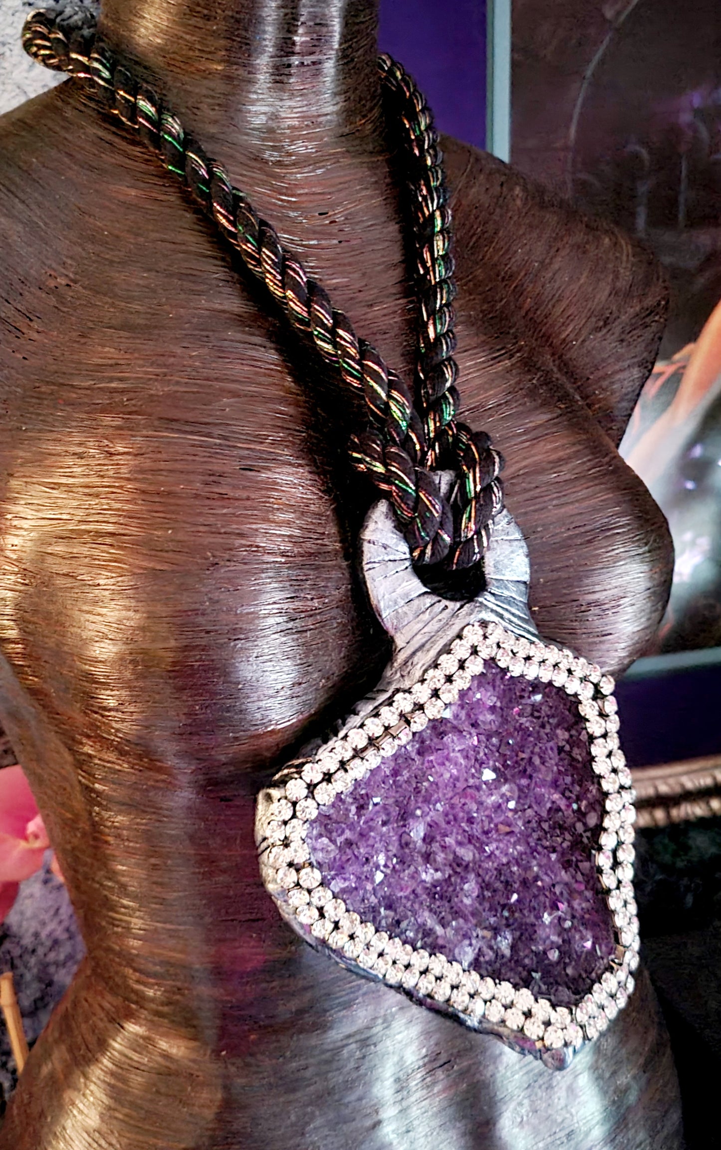 Purple Crystal Geode Rope Pendant, Sculpted Gemstone & Rhinestone Chest Piece, Lavender Silver Neck Candy Unisex