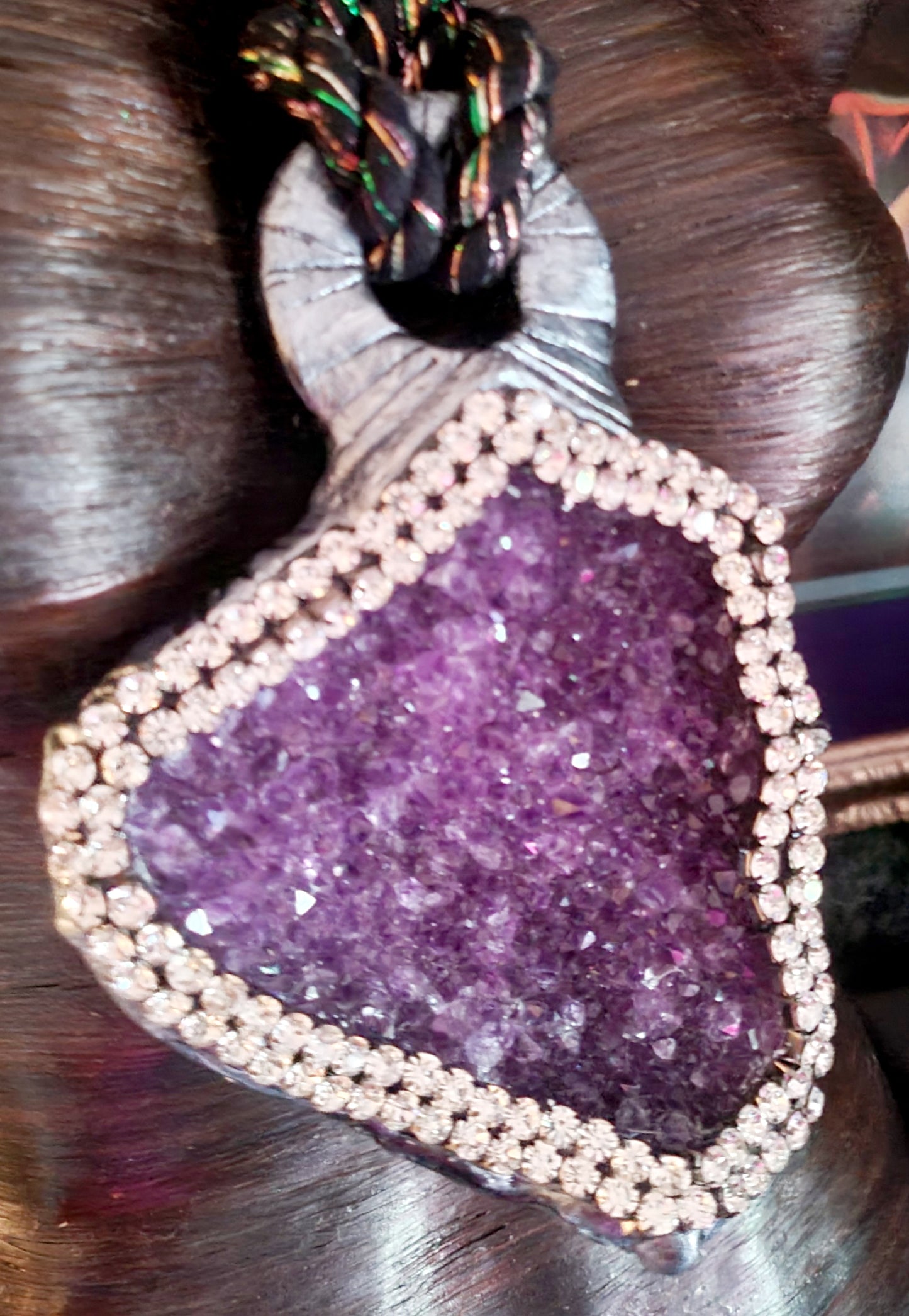 Purple Crystal Geode Rope Pendant, Sculpted Gemstone & Rhinestone Chest Piece, Lavender Silver Neck Candy Unisex