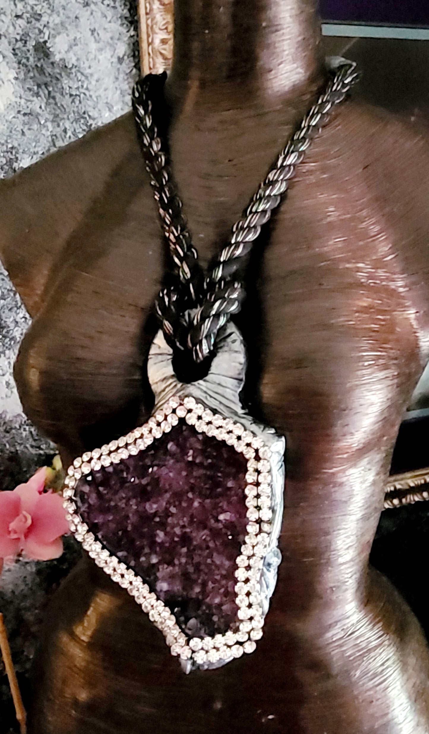 Purple Crystal Geode Rope Pendant, Sculpted Gemstone & Rhinestone Chest Piece, Lavender Silver Neck Candy Unisex