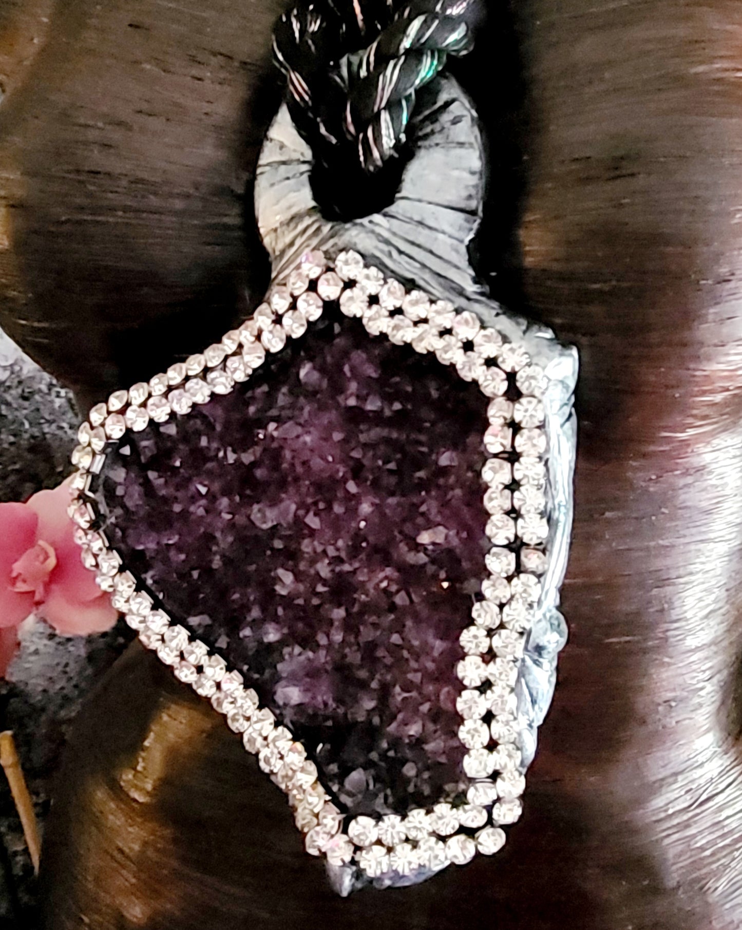 Purple Crystal Geode Rope Pendant, Sculpted Gemstone & Rhinestone Chest Piece, Lavender Silver Neck Candy Unisex