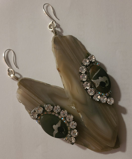 Polished Gray Agate Slice Jasper & Rhinestone Dangle Pierced Earrings, Earth Tone Sterling Silver Shoulder Dusters