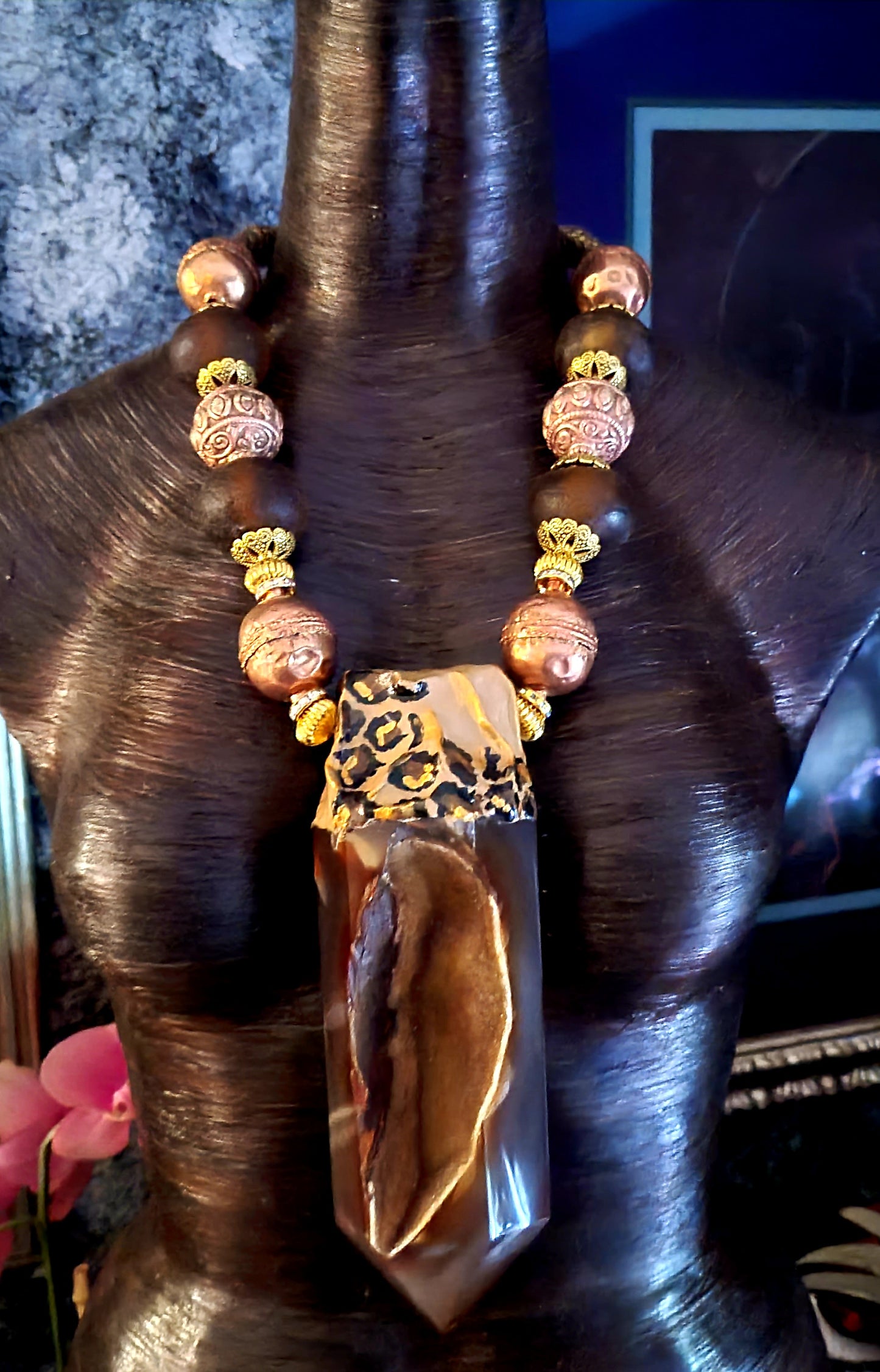 Chest Piece Tribal Obelisk Brown Druzy Crystals, Talisman Geode Leopard Accents, Necklace African Oversized Beaded