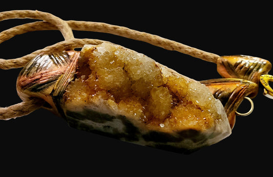 Orange & Brown Crystal Zebra Jasper Druzy Hemp Rope Pendant - Scarce