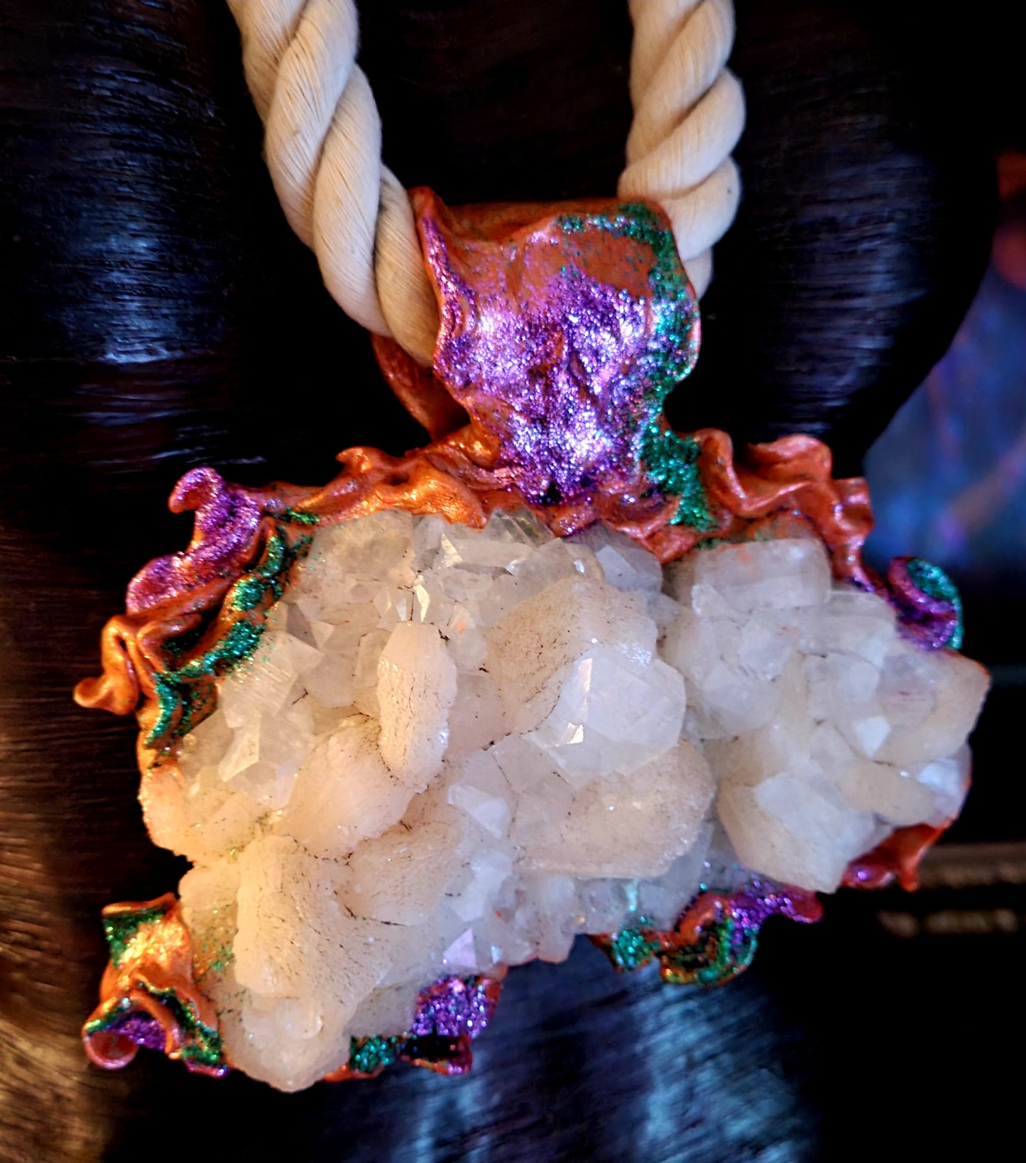 Pendant Gemstone Rough Apophyllite Stilbite Gemmy Crystals, Talisman Sculpted Cotton Rope, Jewelry Rocker Chic