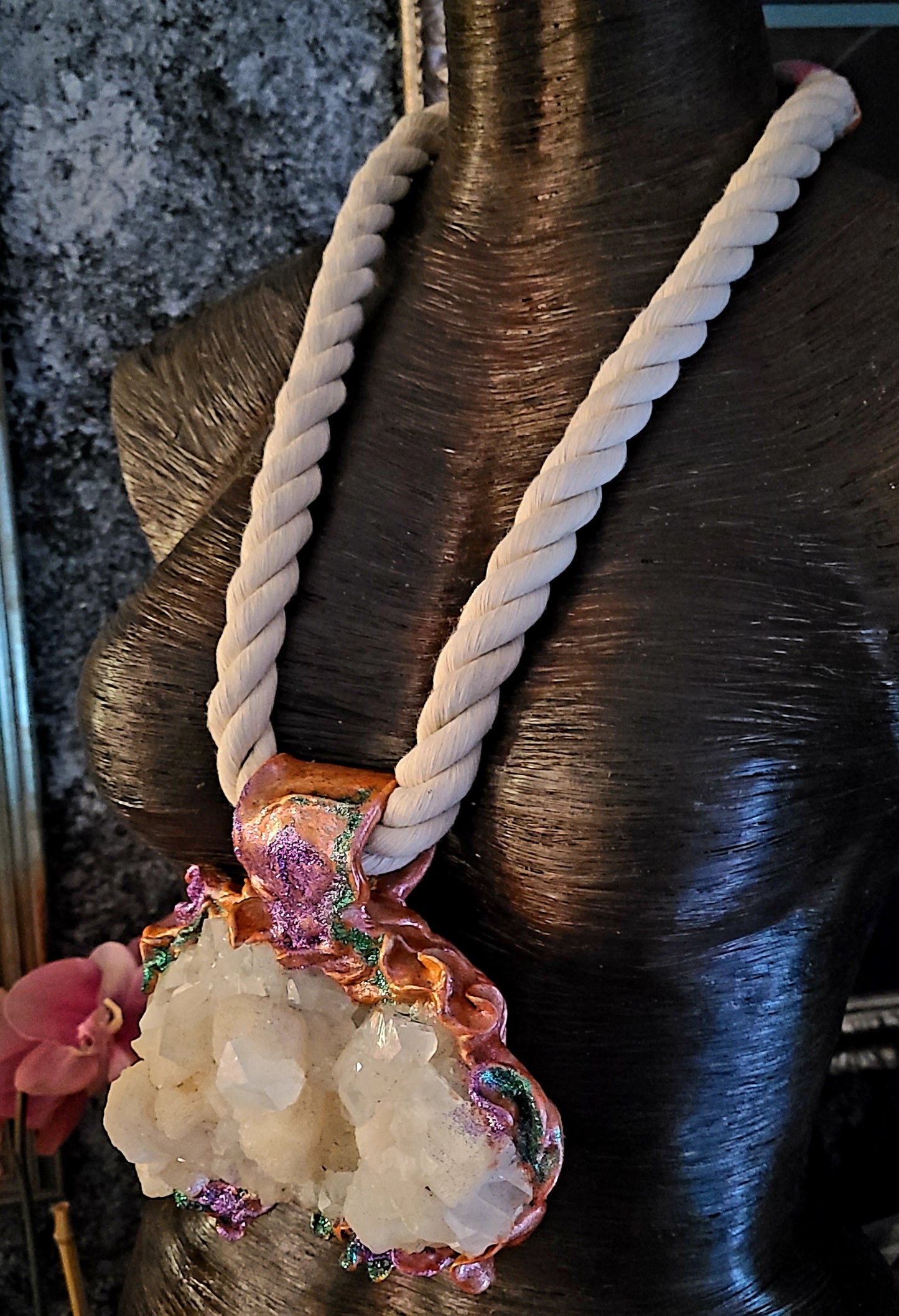 Pendant Gemstone Rough Apophyllite Stilbite Gemmy Crystals, Talisman Sculpted Cotton Rope, Jewelry Rocker Chic