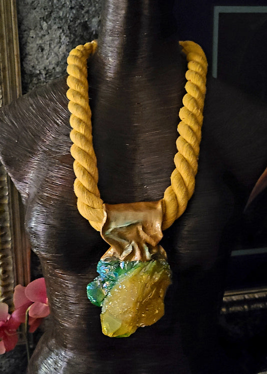 Talisman Rough Quartz Yellow Green Aura Yellow Rope Pendant, Amulet Pagan Sculpted Gemstone, Pendant Crystal Unisex