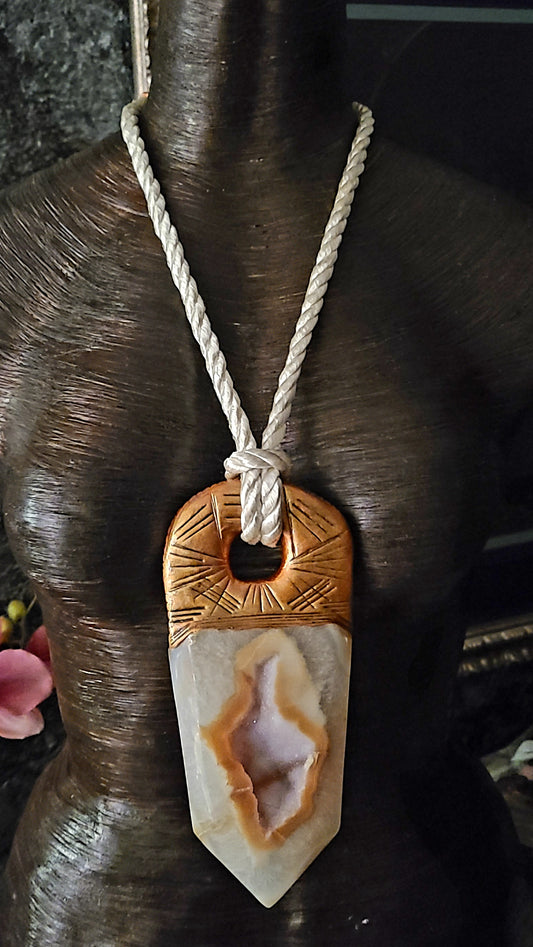Pendant Tower Druzy Agate Silk Rope, Chest Piece Sculpted Obelisk Crystal Unisex, Amulet Earth Tone