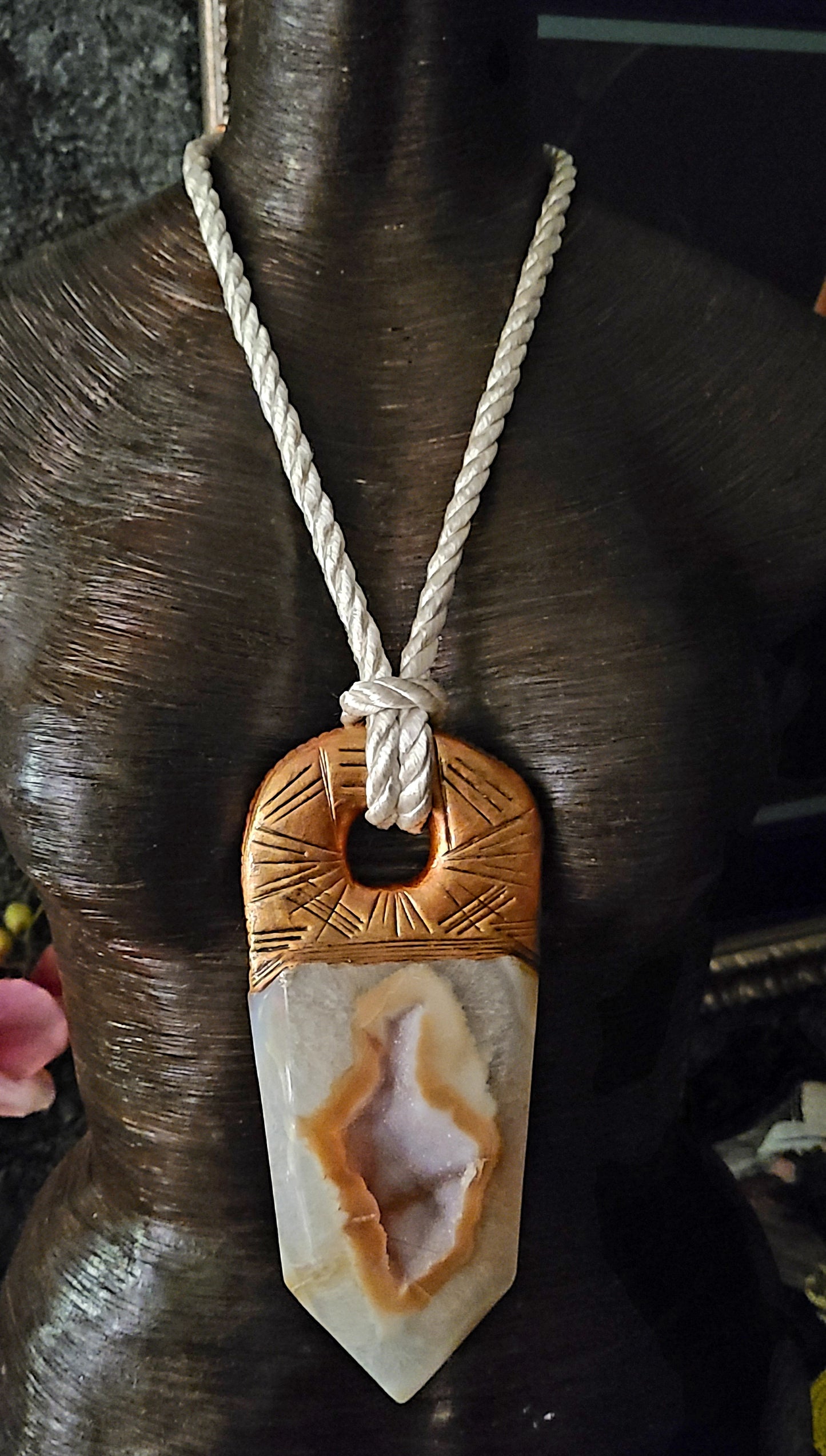 Pendant Tower Druzy Agate Silk Rope, Chest Piece Sculpted Obelisk Crystal Unisex, Amulet Earth Tone