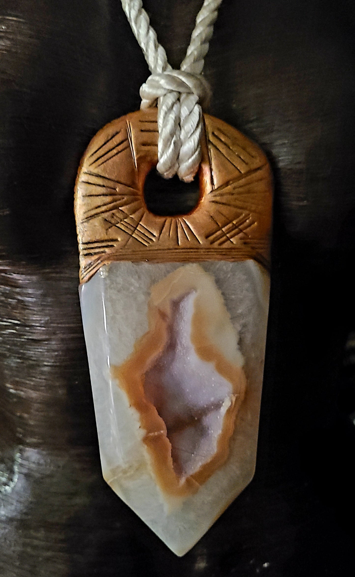 Pendant Tower Druzy Agate Silk Rope, Chest Piece Sculpted Obelisk Crystal Unisex, Amulet Earth Tone