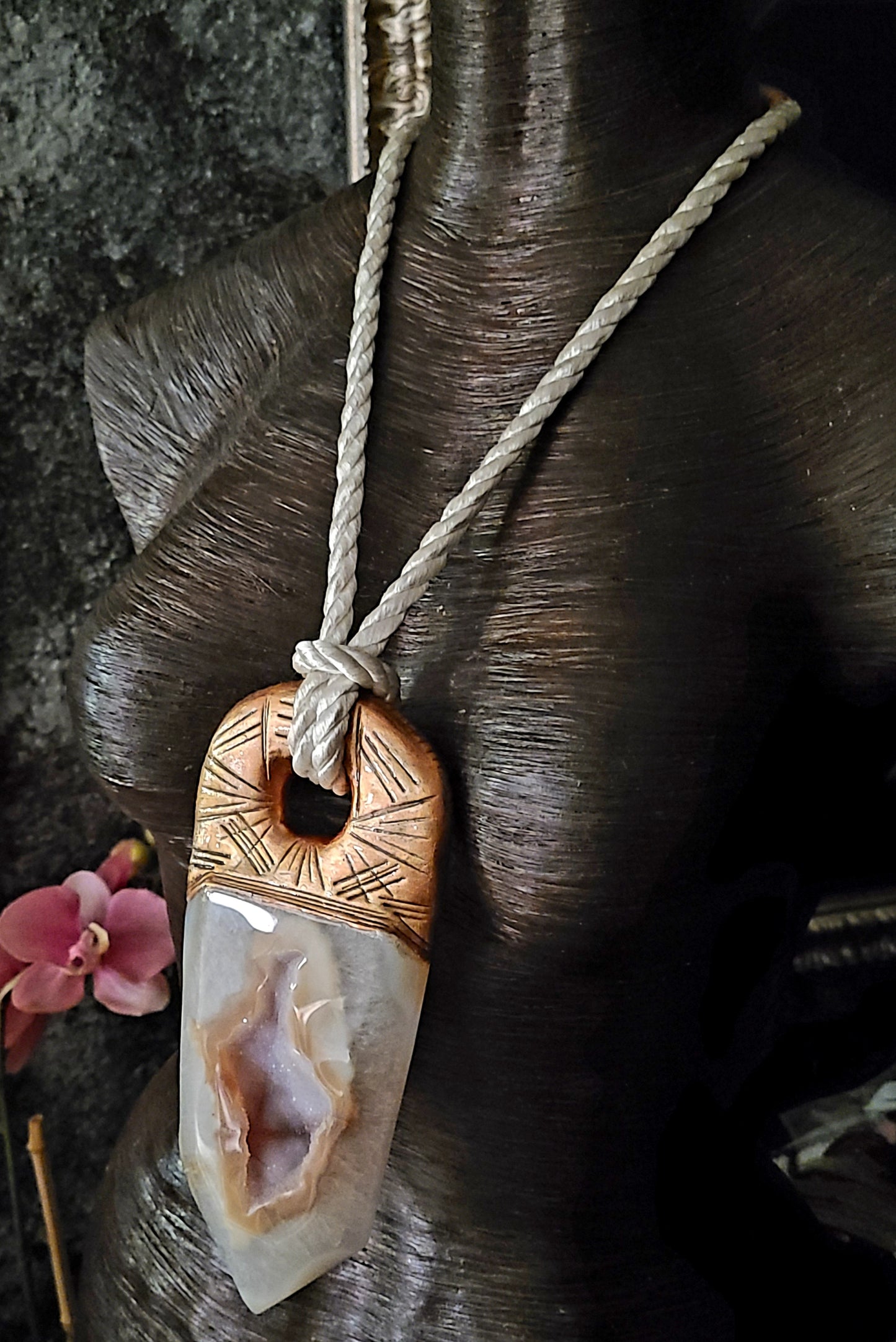 Pendant Tower Druzy Agate Silk Rope, Chest Piece Sculpted Obelisk Crystal Unisex, Amulet Earth Tone