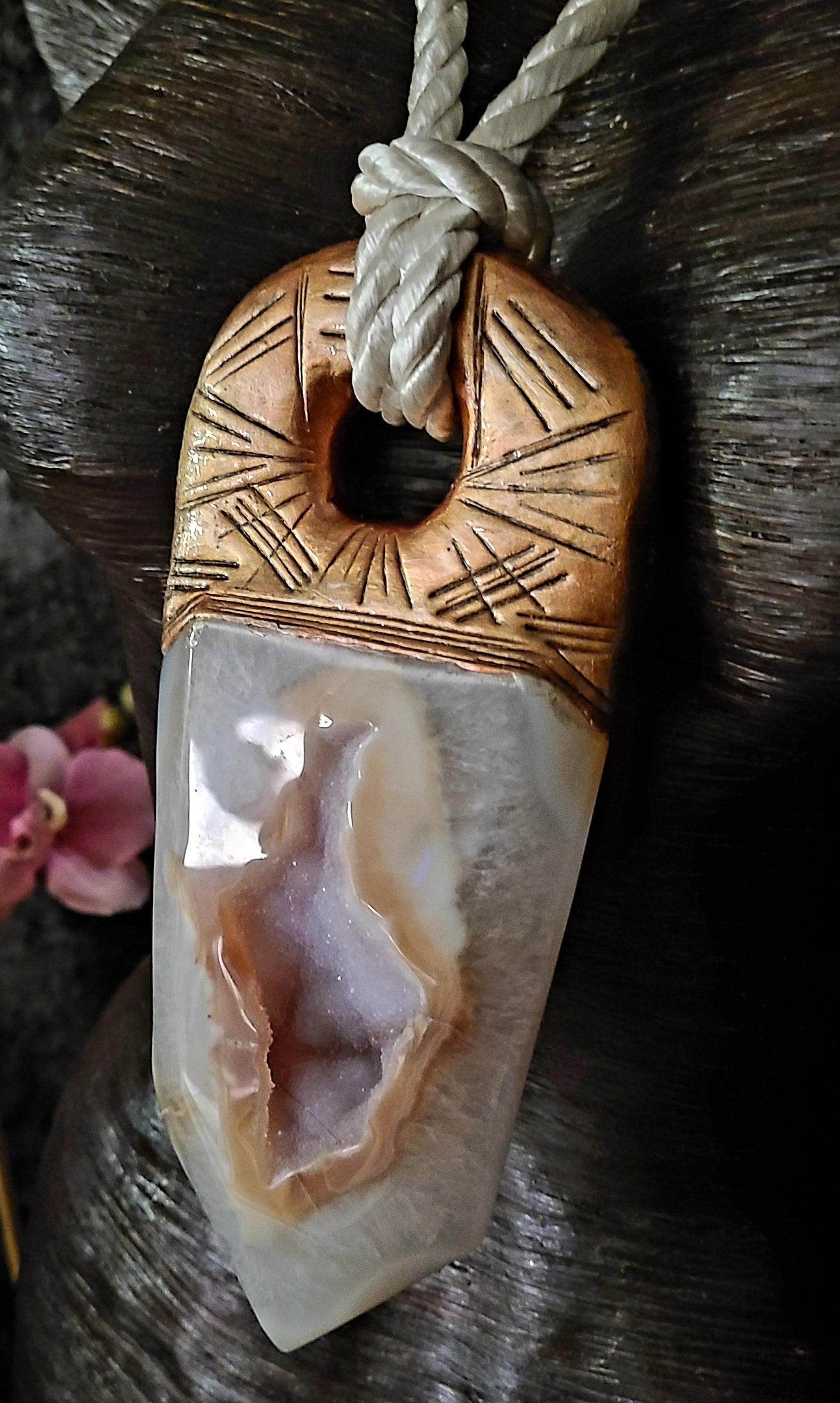 Pendant Tower Druzy Agate Silk Rope, Chest Piece Sculpted Obelisk Crystal Unisex, Amulet Earth Tone