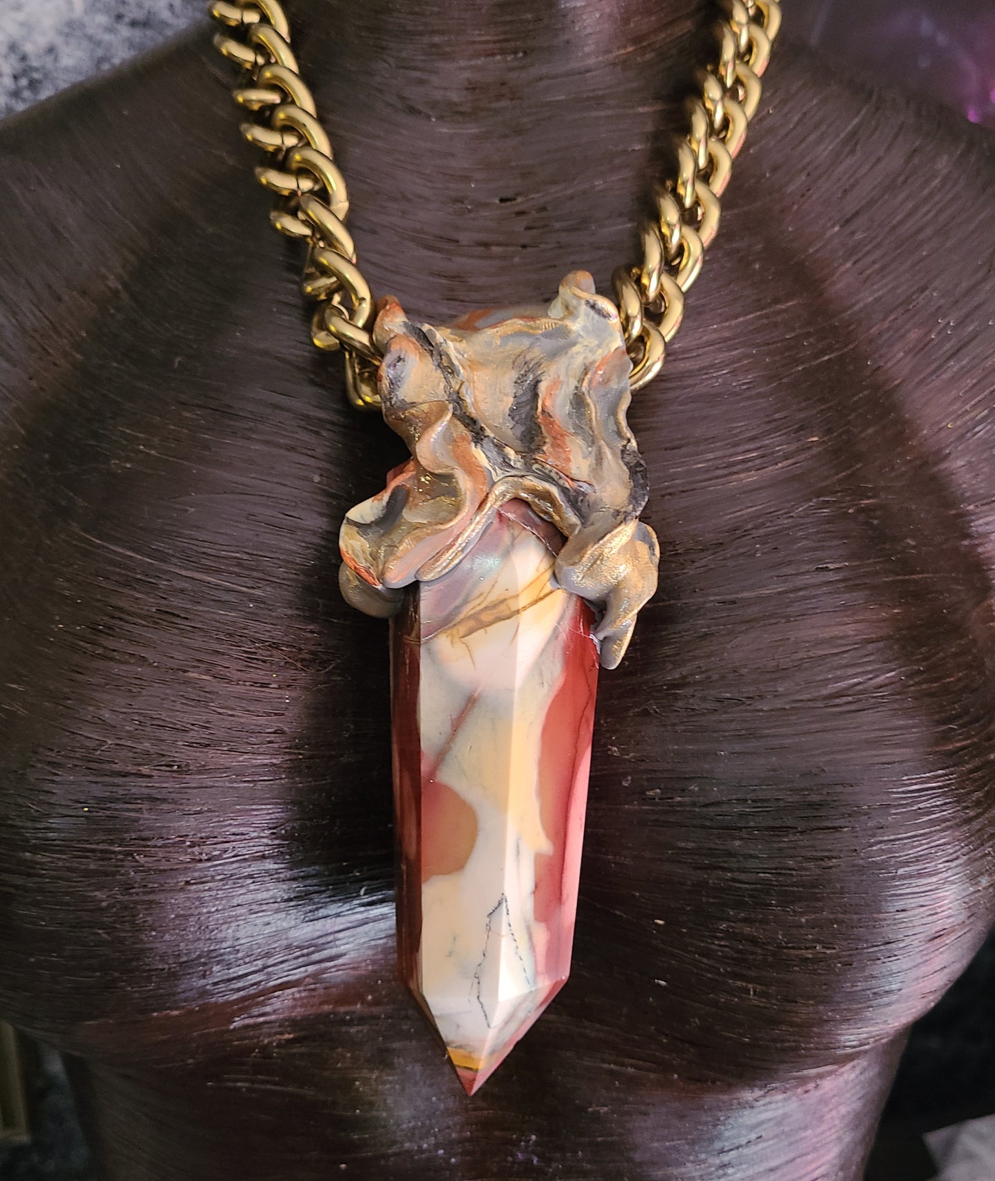 Sculpted Pendant Mookaite Jasper Obelisk, Talisman Tower On Bold Chain, Jewelry Earth Tone Autumn Unisex