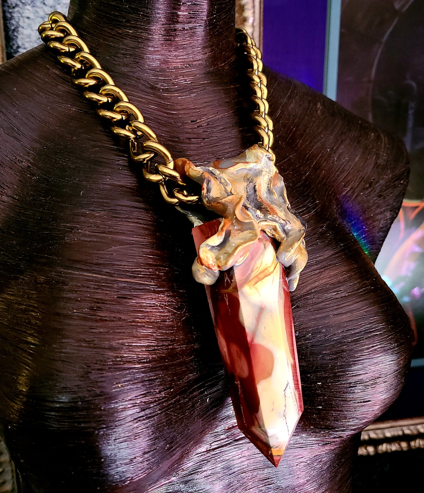 Sculpted Pendant Mookaite Jasper Obelisk, Talisman Tower On Bold Chain, Jewelry Earth Tone Autumn Unisex