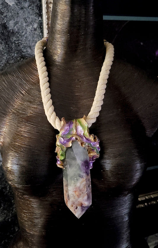 Talisman Sculpted Tower Fluorite, Pendant Rope Obelisk Gemstone Purple Green, Chest Piece OOAK Wearable Art