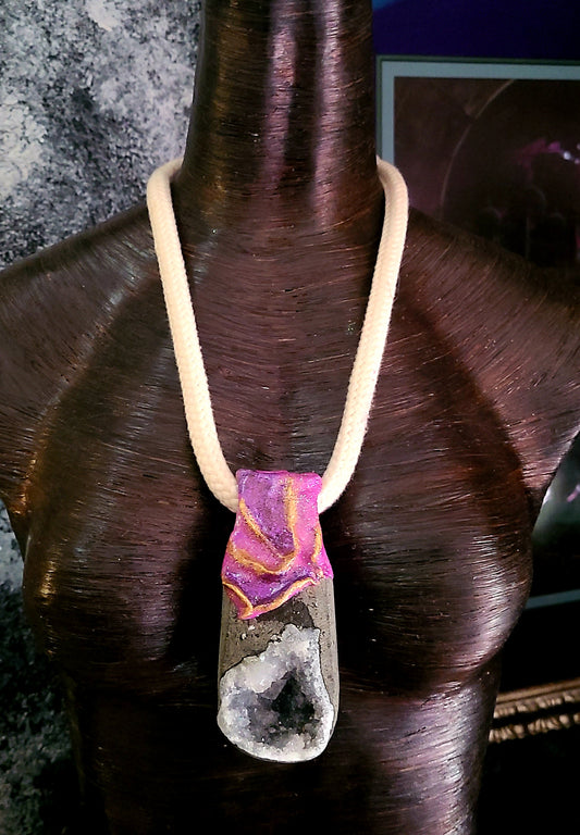 Apophyllite Geode Sculpted Gemstone Pendant With Braided Rope