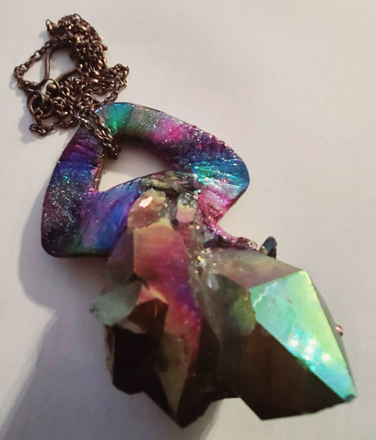 Amulet Quartz Smoky Titanium, Talisman Gemstone Raw Rough Rare Scarce, Statement Pendant Jewel Tone Rainbow