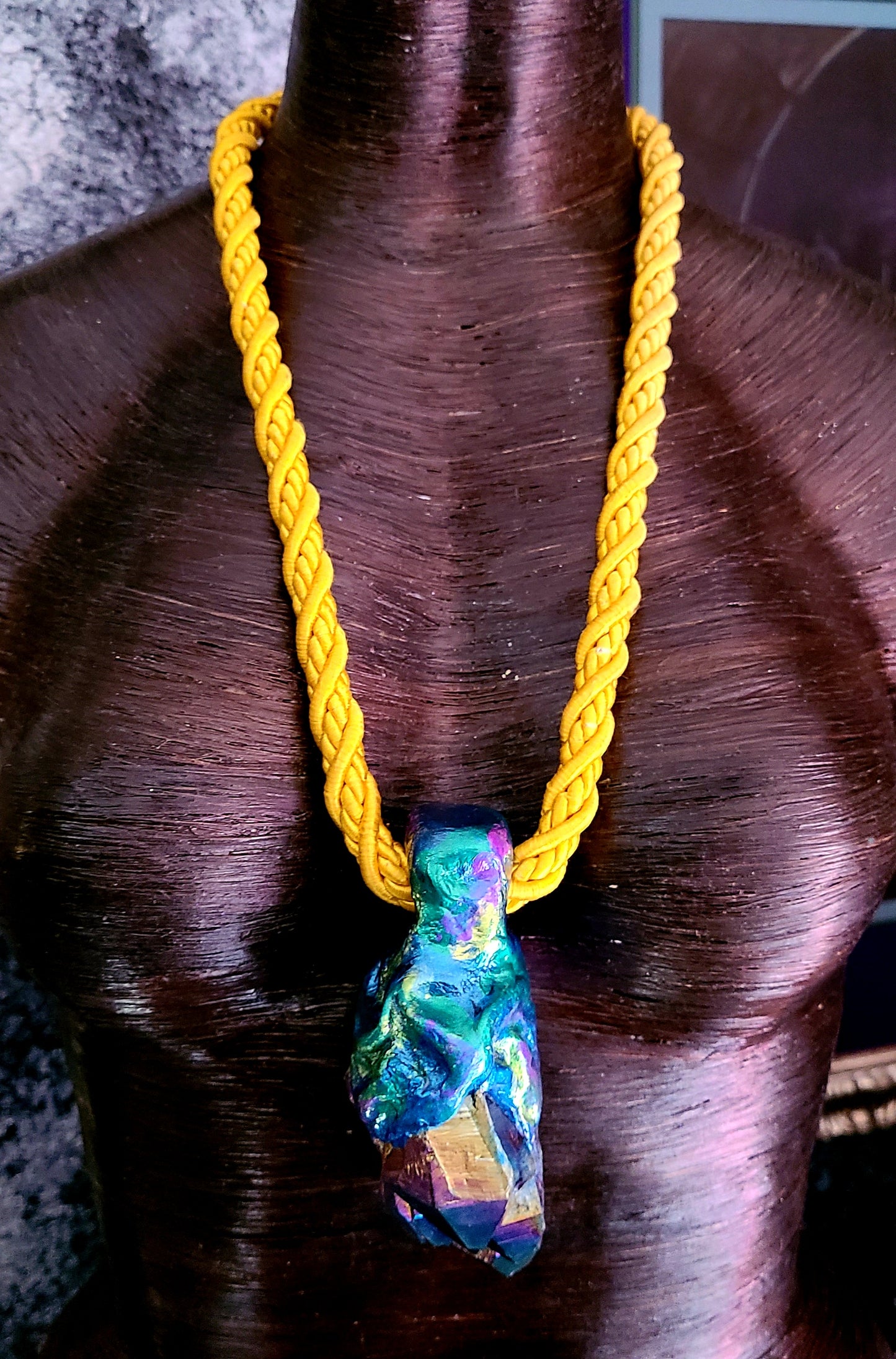 Titanium Quartz Sculpted Pendant with Yellow Satin Rope - Rough Rainbow Crystal Unisex Talisman - Bohemian Couture Gemstone Amulet - Kat Kouture Jewelry