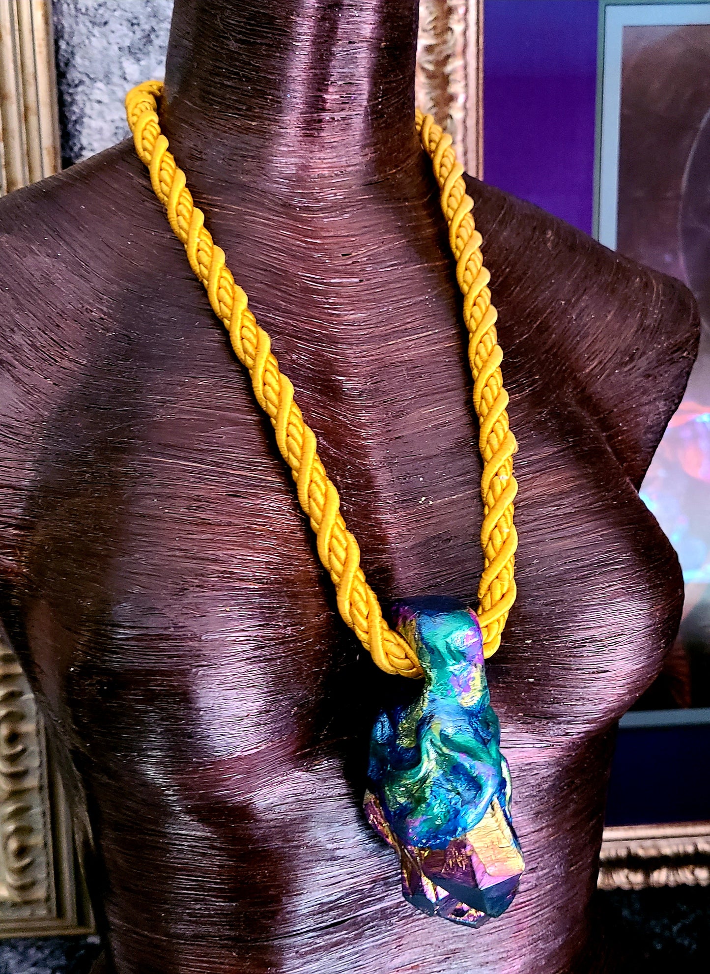 Titanium Quartz Sculpted Pendant with Yellow Satin Rope - Rough Rainbow Crystal Unisex Talisman - Bohemian Couture Gemstone Amulet - Kat Kouture Jewelry