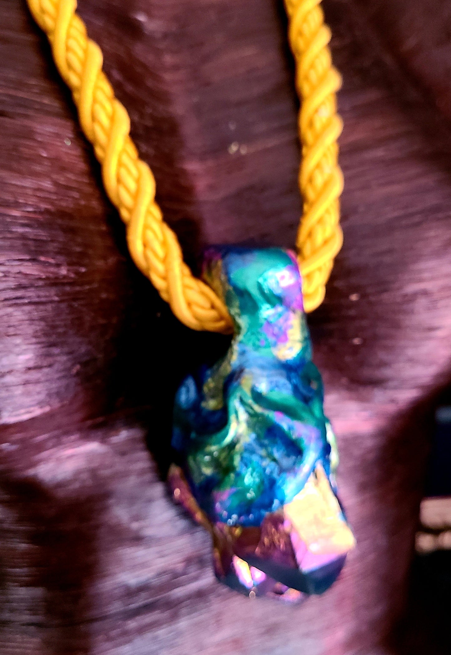 Titanium Quartz Sculpted Pendant with Yellow Satin Rope - Rough Rainbow Crystal Unisex Talisman - Bohemian Couture Gemstone Amulet - Kat Kouture Jewelry