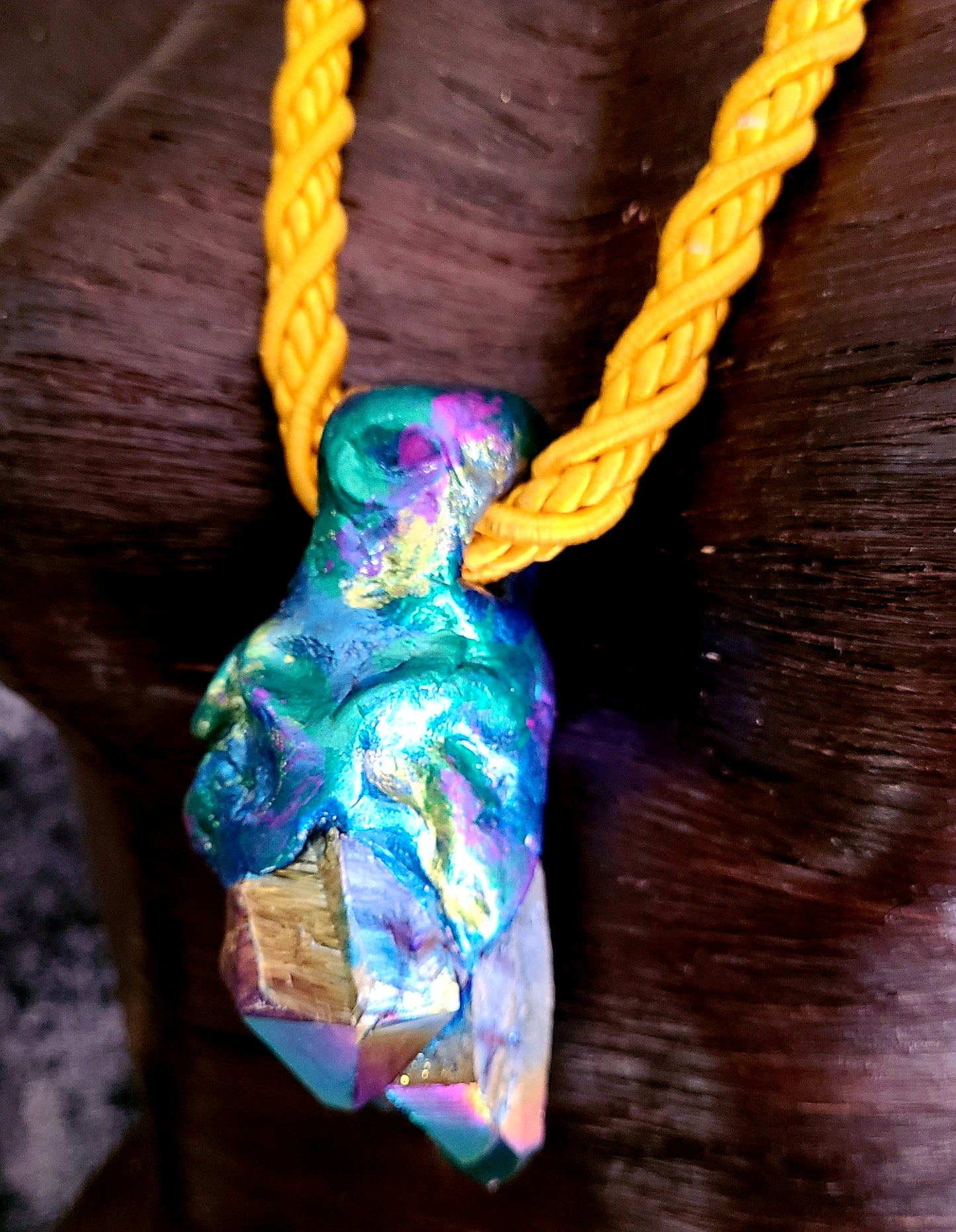 Titanium Quartz Sculpted Pendant with Yellow Satin Rope - Rough Rainbow Crystal Unisex Talisman - Bohemian Couture Gemstone Amulet - Kat Kouture Jewelry