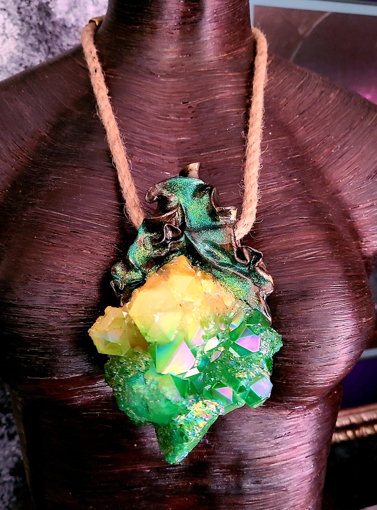 Green Yellow Aura Flame Quartz Sculpted Luxury Pendant Boho Couture Jute Rope Chest Piece