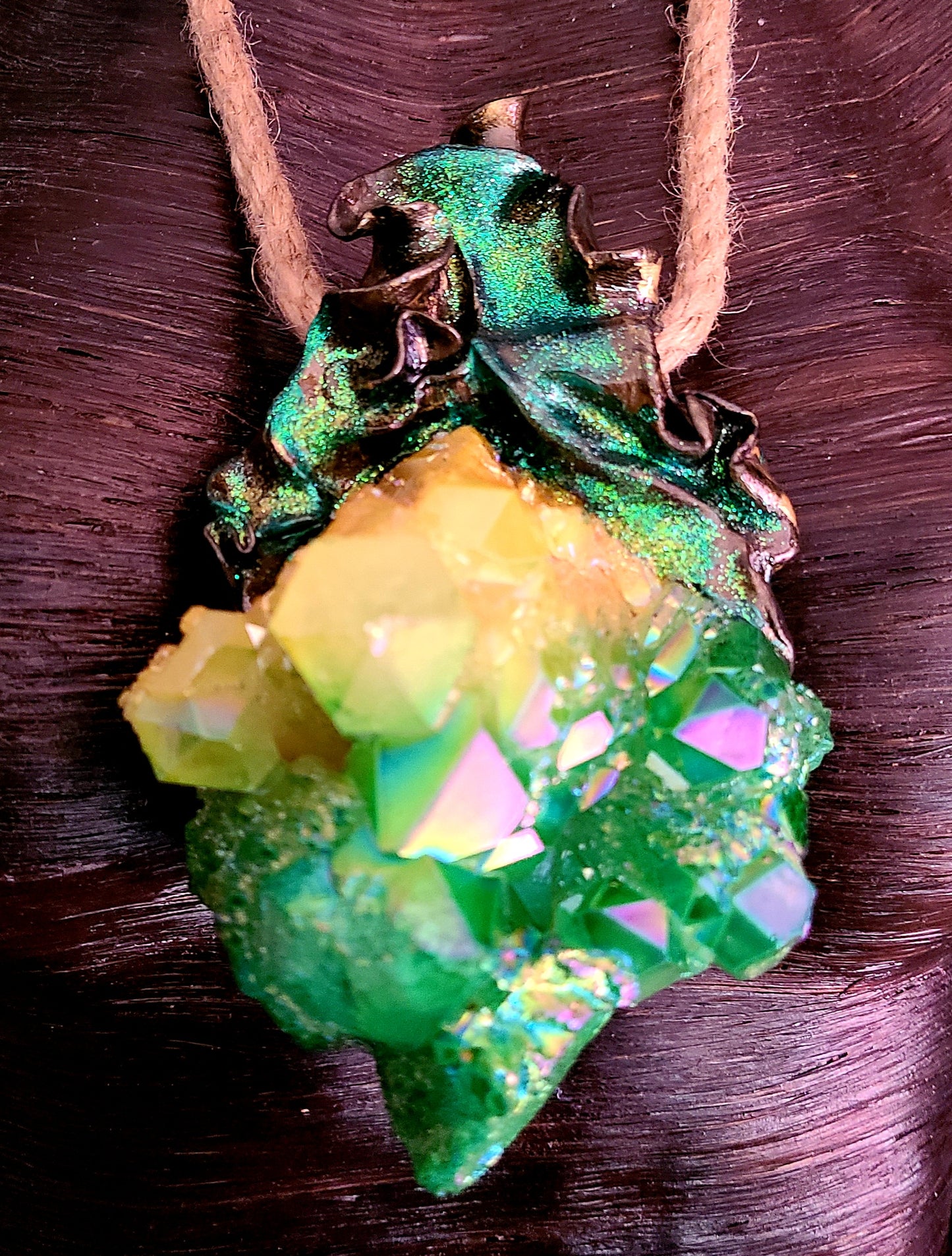 Green Yellow Aura Flame Quartz Sculpted Luxury Pendant Boho Couture Jute Rope Chest Piece