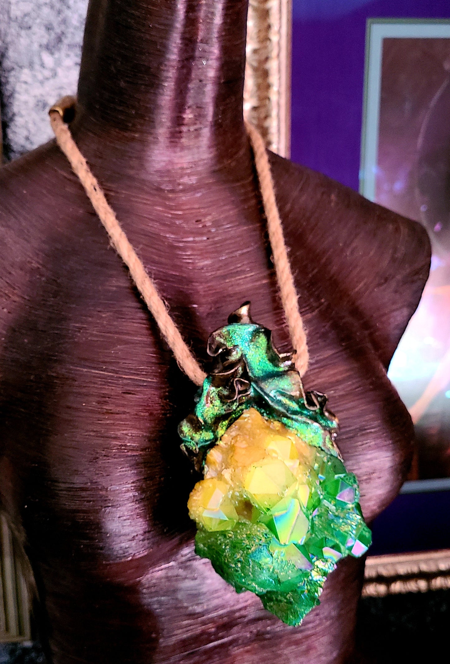 Green Yellow Aura Flame Quartz Sculpted Luxury Pendant Boho Couture Jute Rope Chest Piece