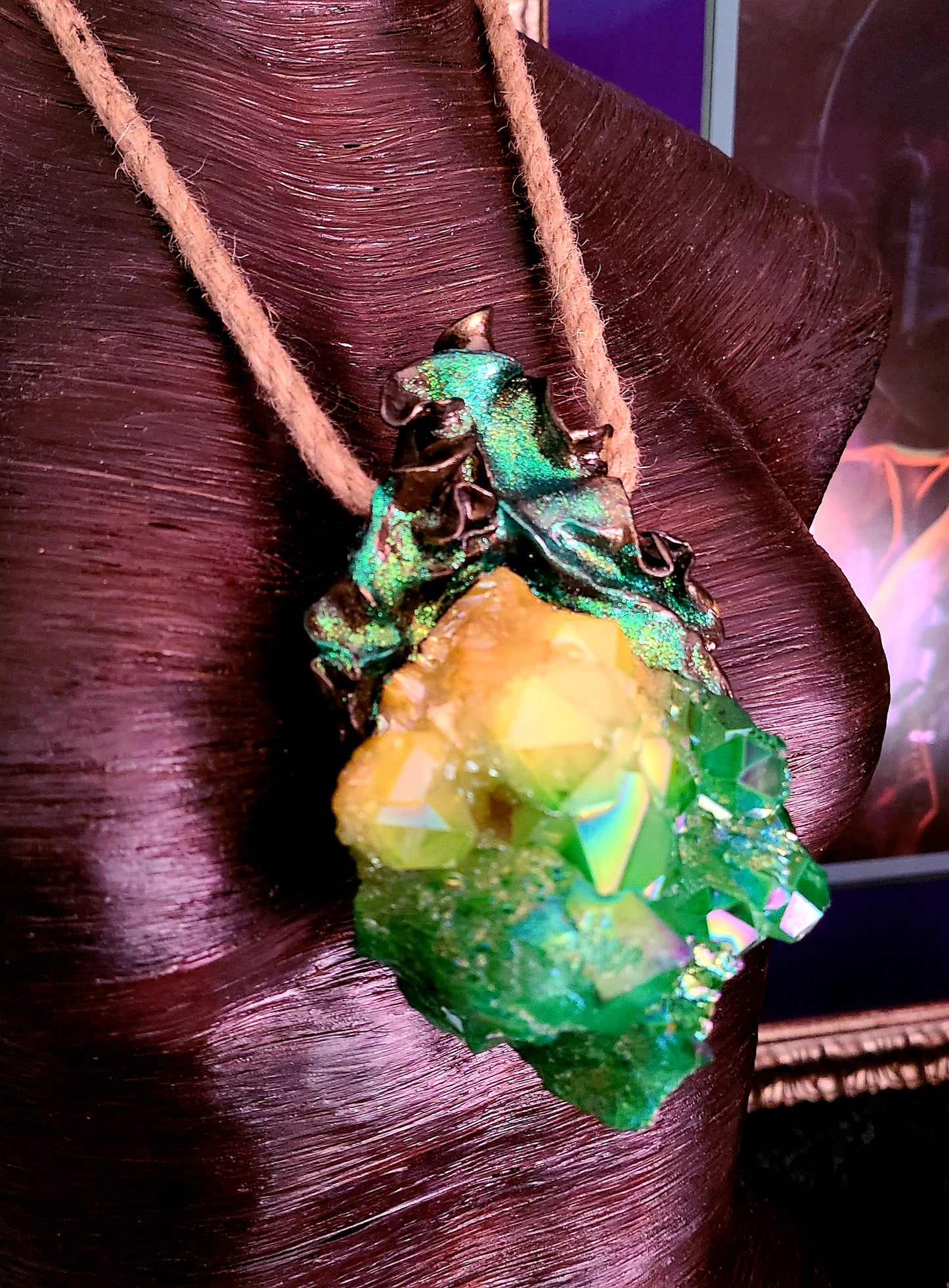 Green Yellow Aura Flame Quartz Sculpted Luxury Pendant Boho Couture Jute Rope Chest Piece