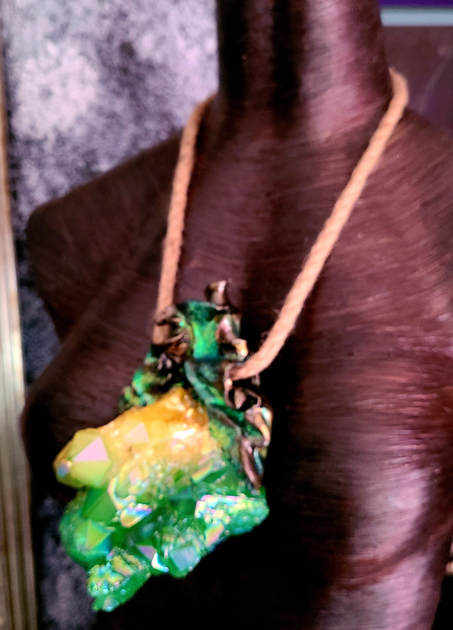 Green Yellow Aura Flame Quartz Sculpted Luxury Pendant Boho Couture Jute Rope Chest Piece