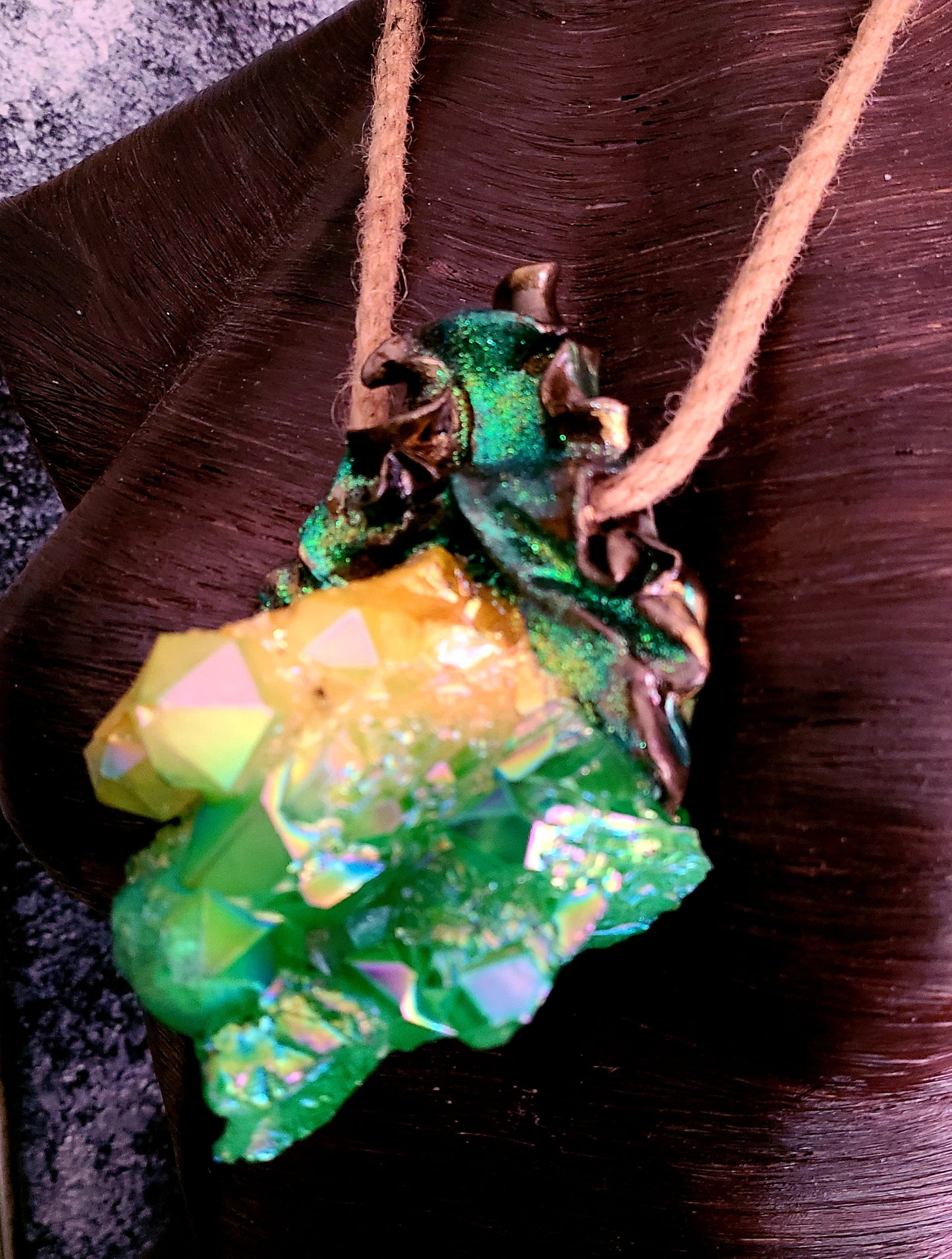 Green Yellow Aura Flame Quartz Sculpted Luxury Pendant Boho Couture Jute Rope Chest Piece