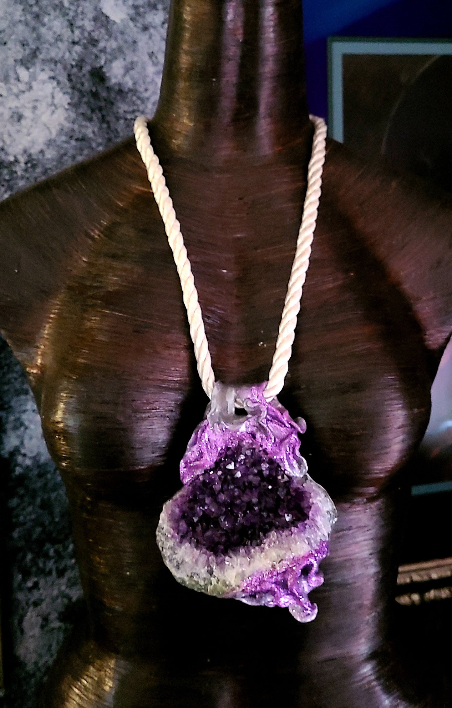 Rough Amethyst Sculpted Pendant on a Satin Cord - Purple Crystals
