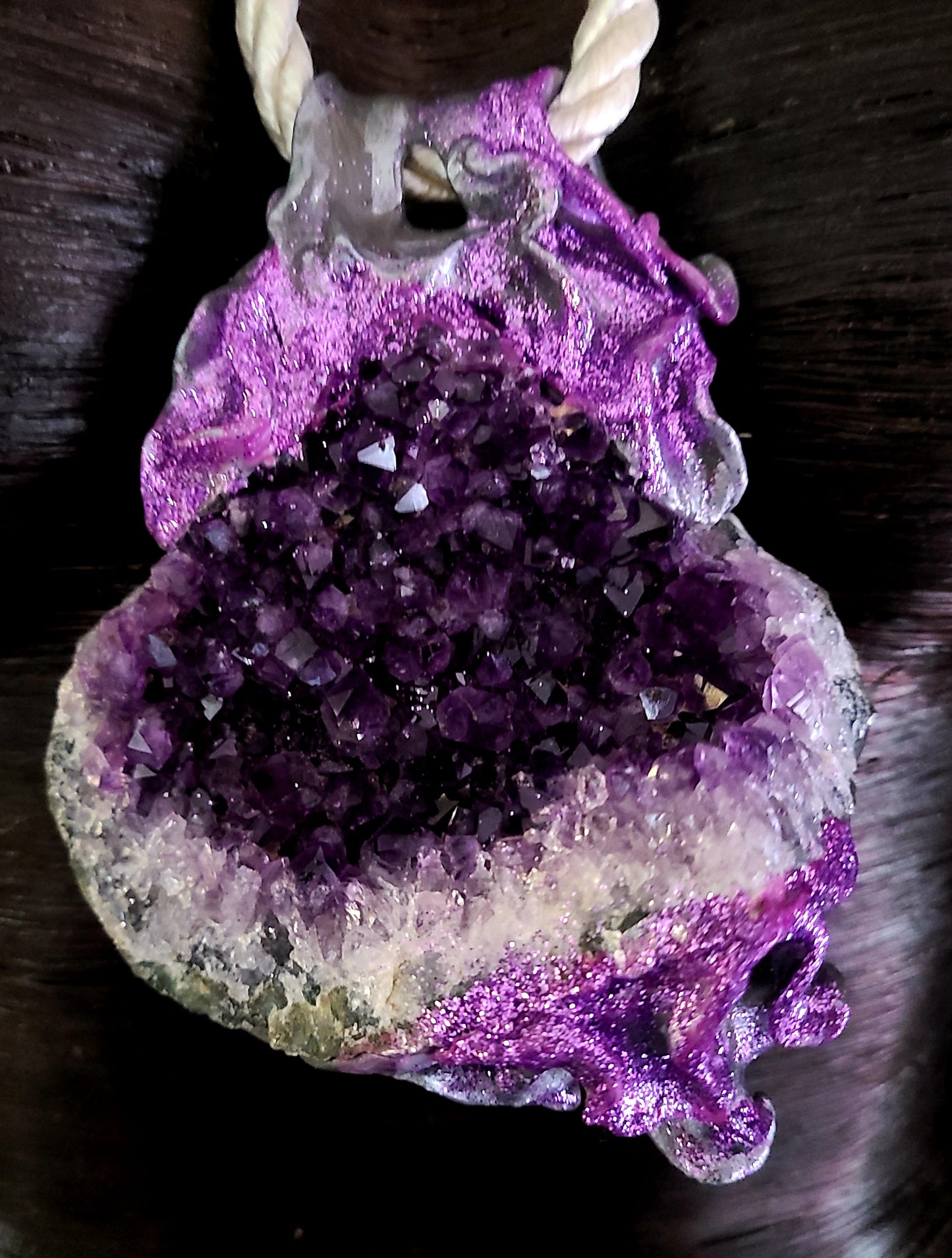 Rough Amethyst Sculpted Pendant on a Satin Cord - Purple Crystals