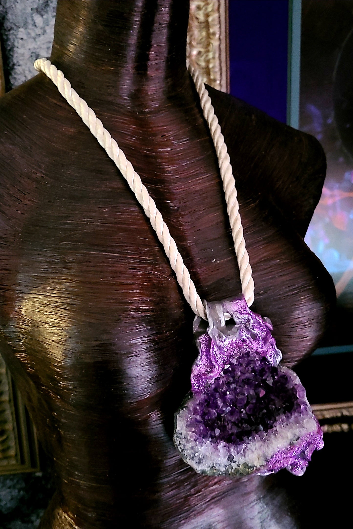Rough Amethyst Sculpted Pendant on a Satin Cord - Purple Crystals