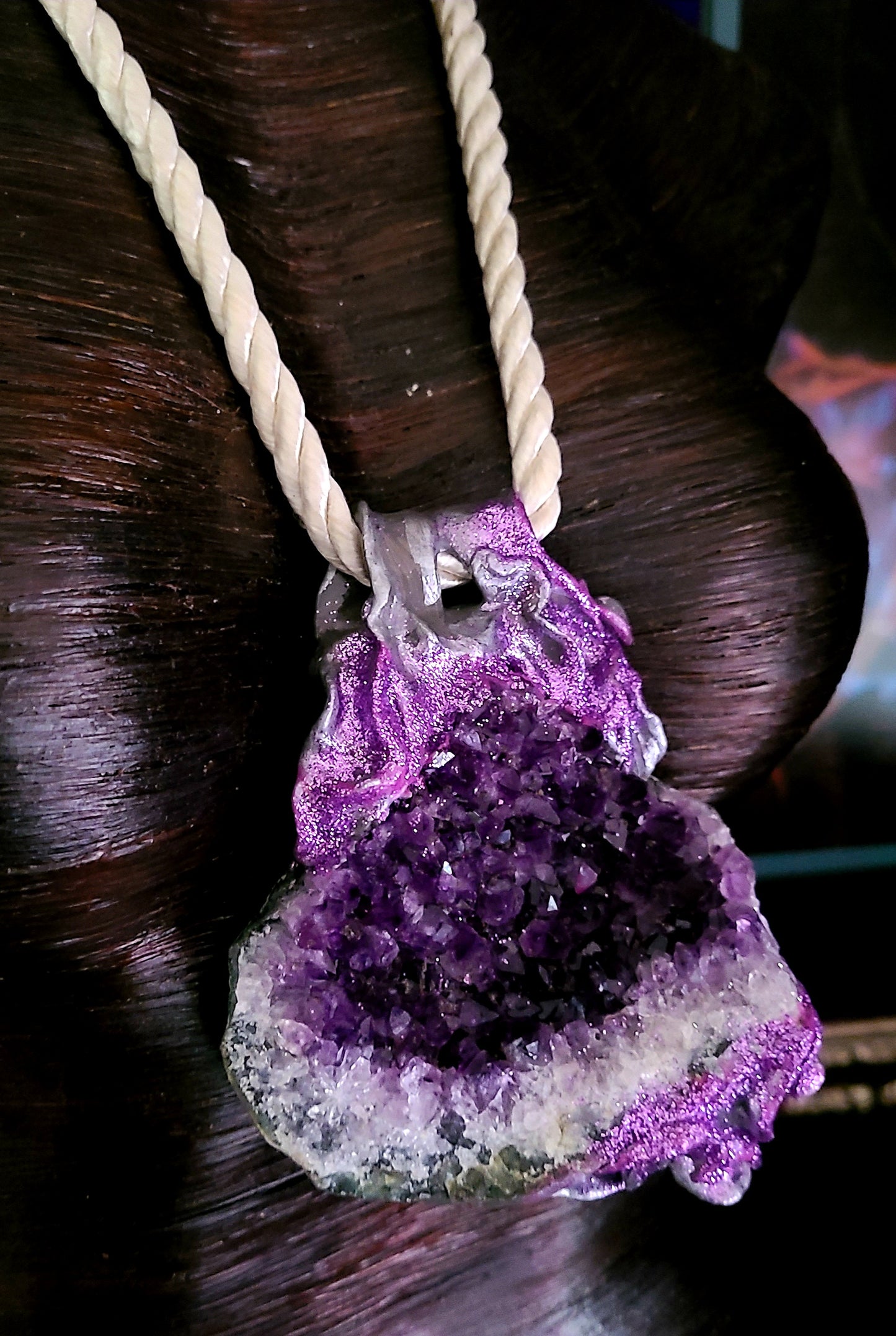 Rough Amethyst Sculpted Pendant on a Satin Cord - Purple Crystals